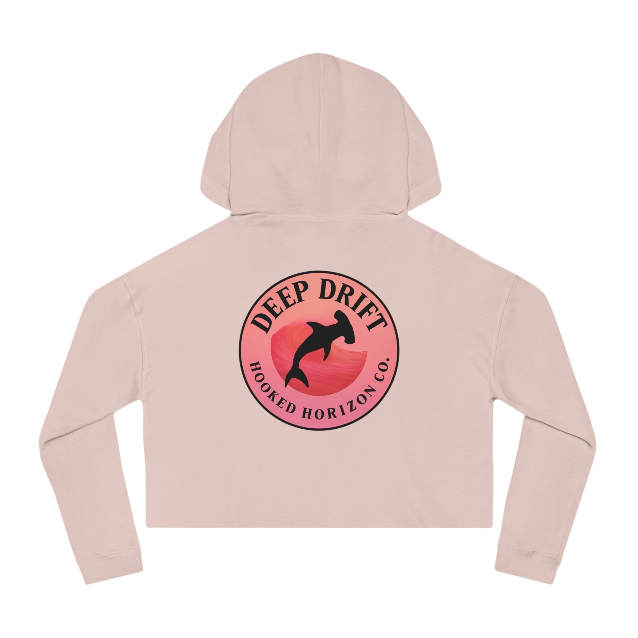 Pink & Red Hammer Head Shark Cropped Hoodie - "Deep Drift" Fishing Logo Cropped Hooded Sweatshirt