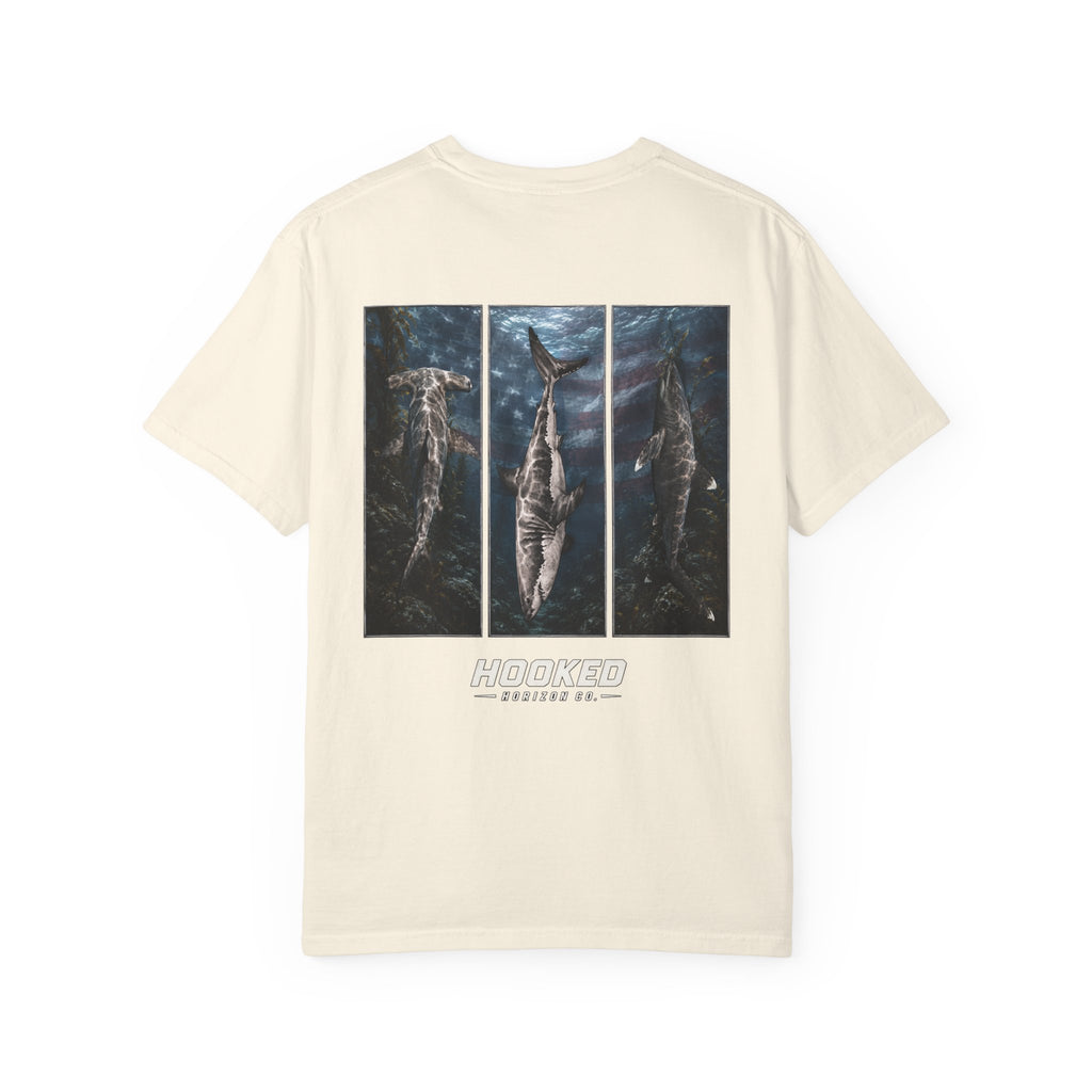 USA Triple Shark Hooked Horizon Co. — "Chasing Legends" Deep Drift Fishing Graphicishing Tee for Angler Lovers, Shark Lovers, Ocean Tee
