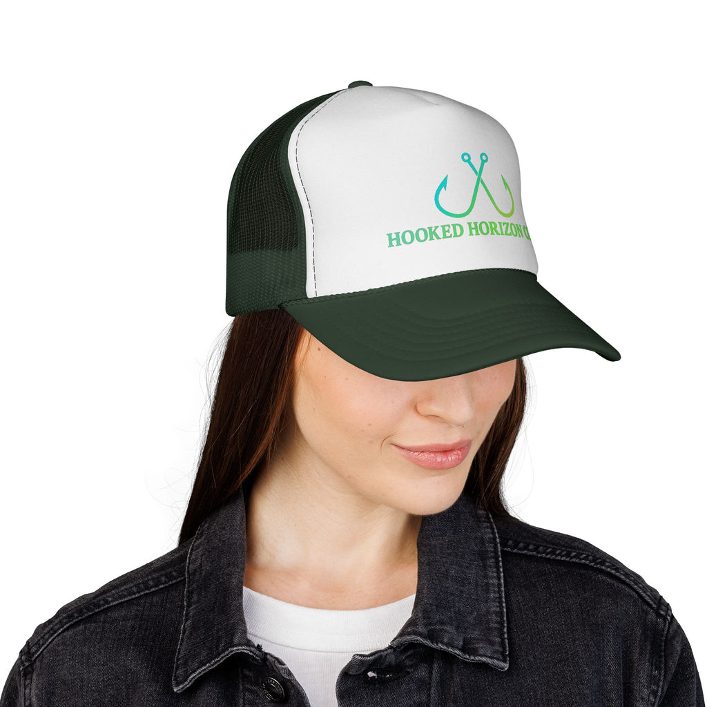 Sea Green & Teal Blue Trucker Cap — Hooked Horizon Co. Fishing Hooks Logo