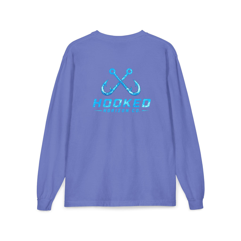 Bright Blue Hooked Horizon Co.  Classic Logo Unisex Long Sleeve Pocket T-Shirt