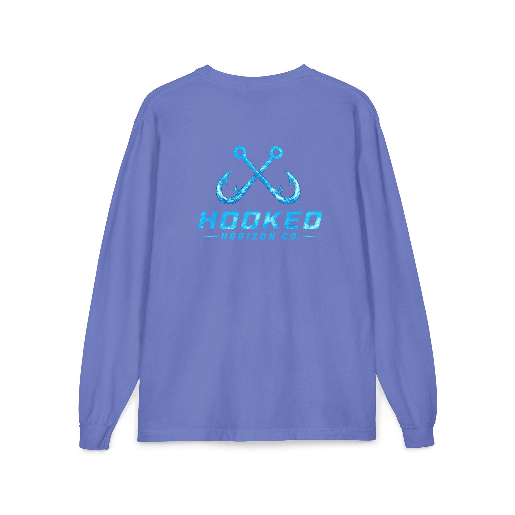 Bright Blue Hooked Horizon Co.  Classic Logo Unisex Long Sleeve Pocket T-Shirt