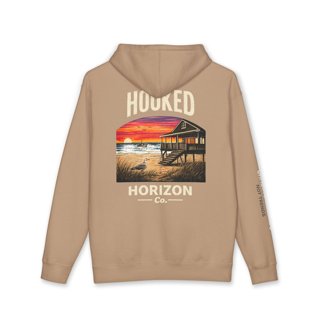 Seagull & Red Sunset Hoodie Hooked Horizon Co. — Minimal Fishing Back Graphic Hoodie, Multiple Color Variations