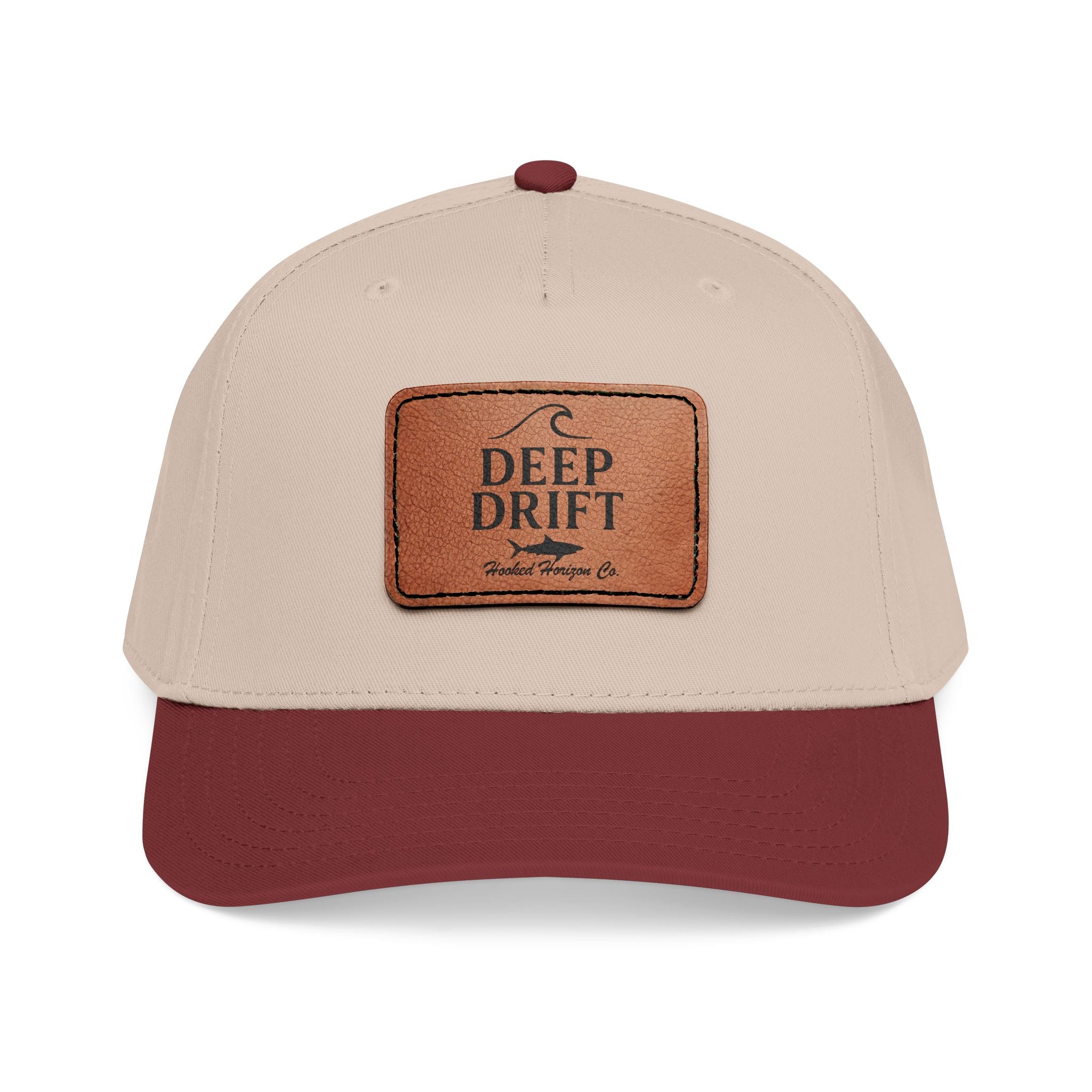 "Deep Drift" Shark Wave Leather Patch Baseball Cap — Hooked Horizon Co. Ocean Wave Logo, Multiple Color Variations
