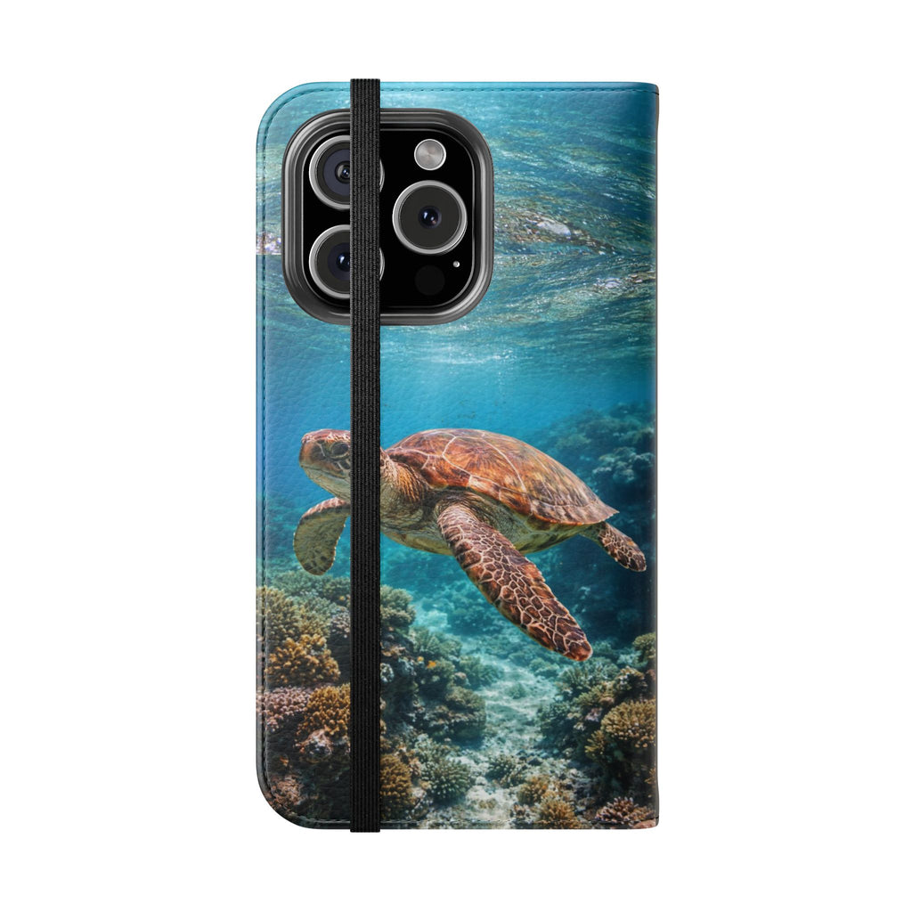 Turtle Hooked Horizon Co Flip Phone Case — Turquoise Water Pattern Wallet Cover