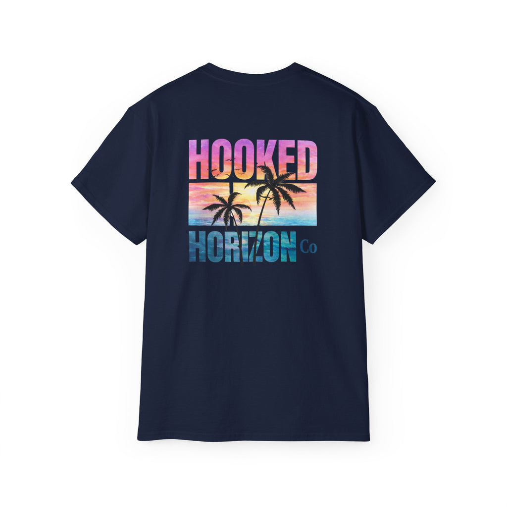 Sunset & Palm Tree T-Shirt — "Hooked" Boat & Horizon Graphic Tee, Multiple Color Variations