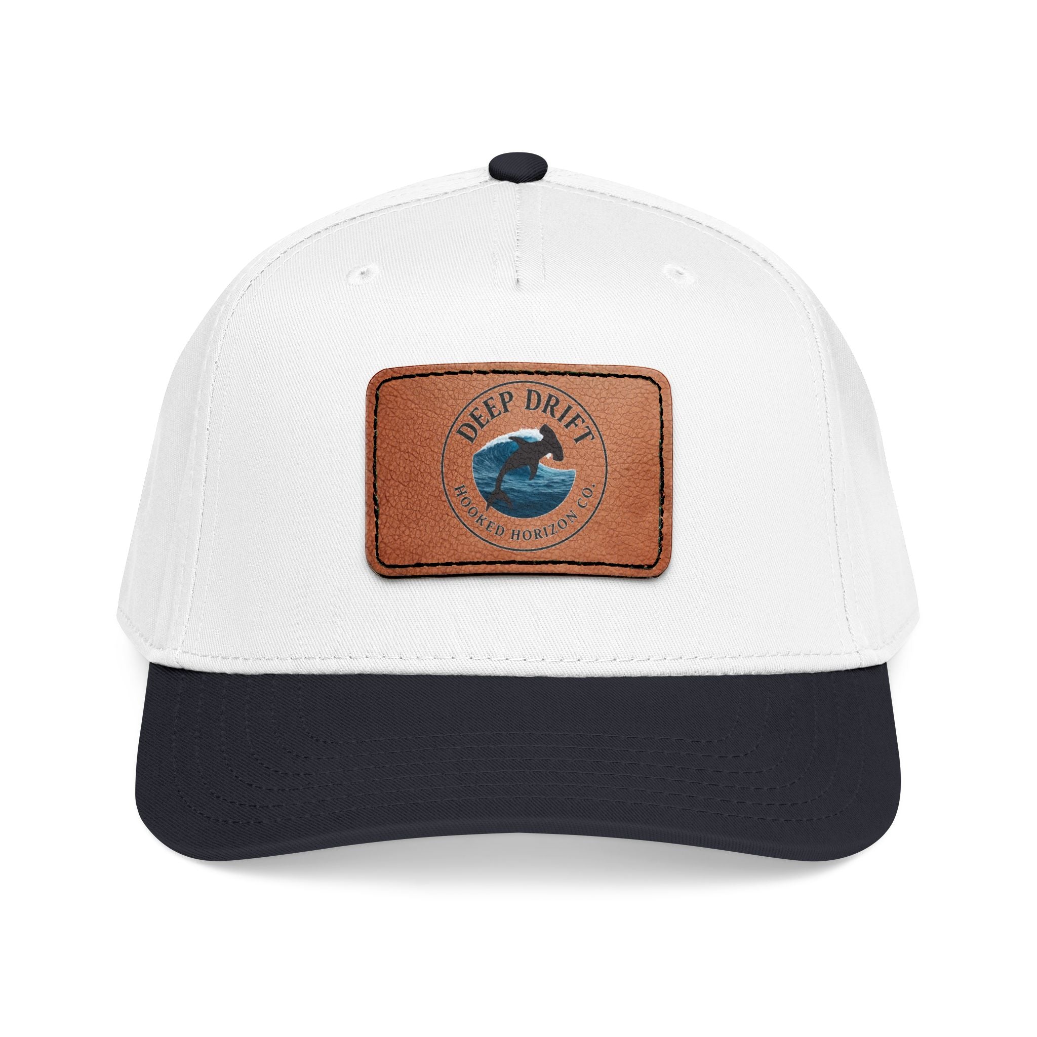 Deep Drift Leather Patch Baseball Cap — Hooked Horizon Co. Ocean Wave Logo, Multiple Color Variations