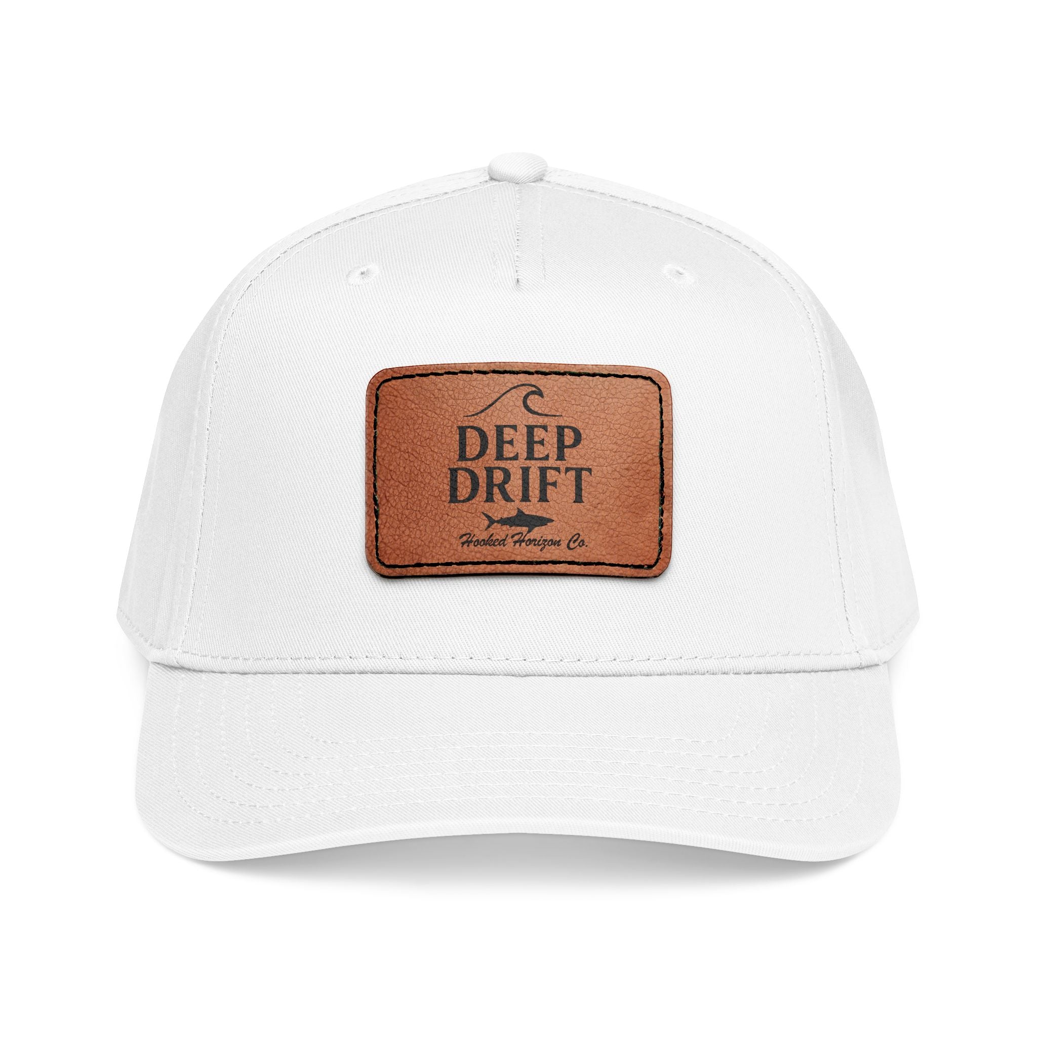 "Deep Drift" Shark Wave Leather Patch Baseball Cap — Hooked Horizon Co. Ocean Wave Logo, Multiple Color Variations