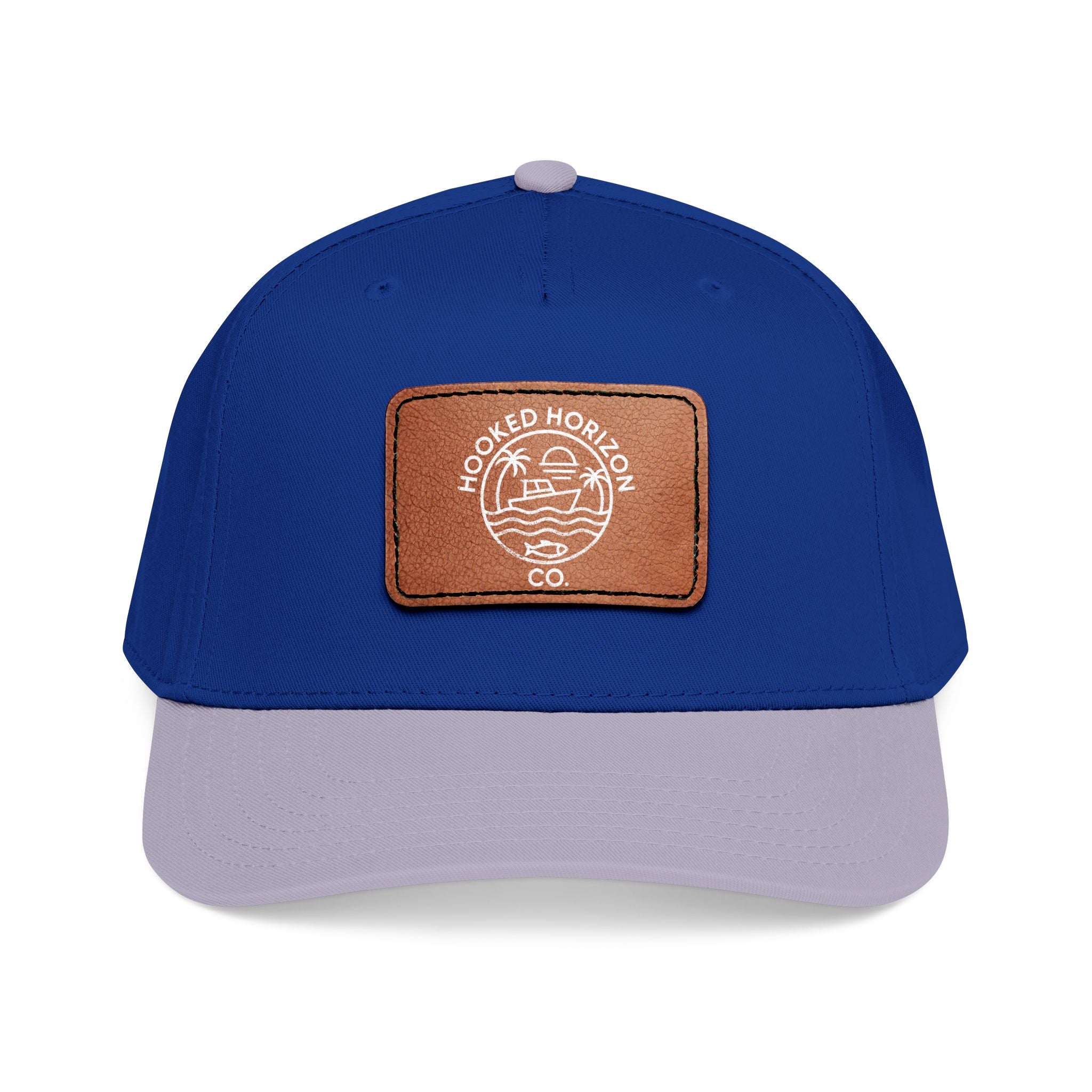 Hooked Horizon Co. 80s Inspired Logo–Leather Patch Baseball Cap — Hooked Horizon Co. Fishing Boat, Multiple Color Variations