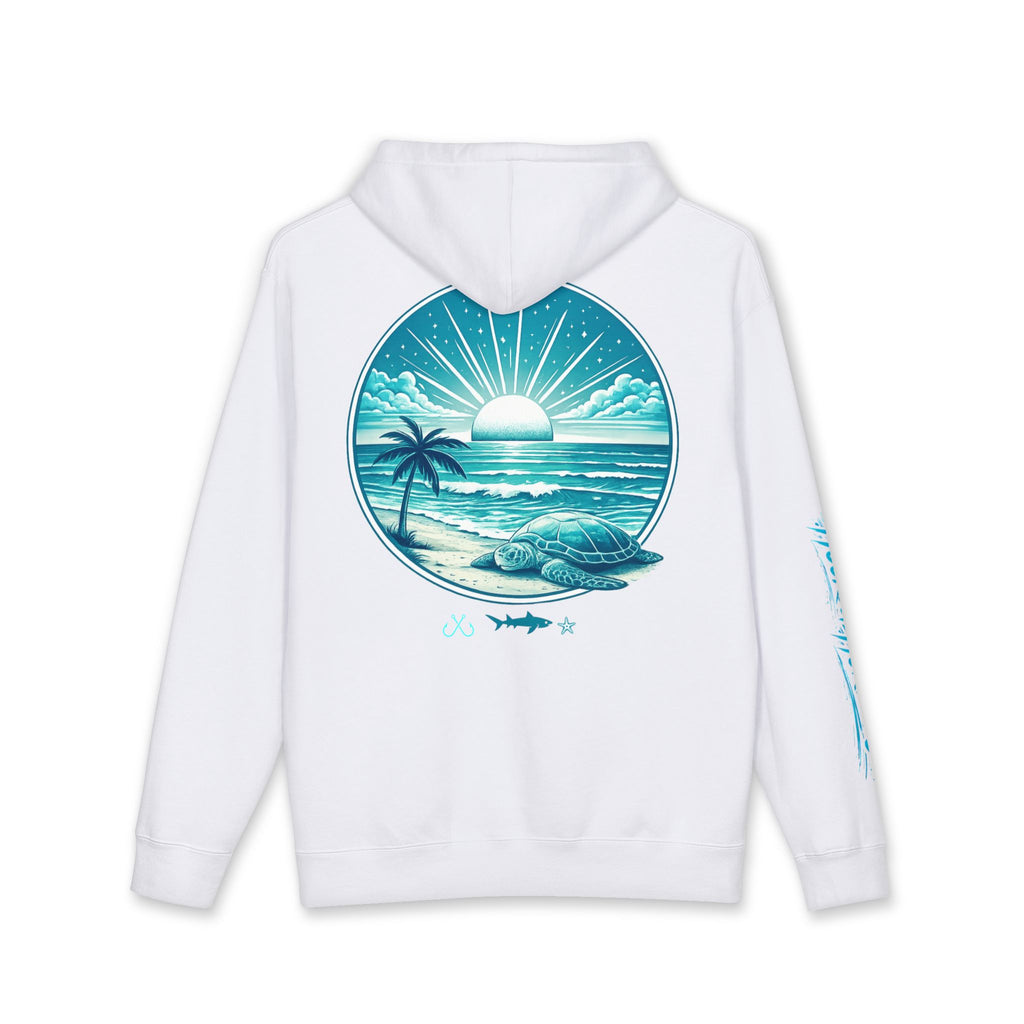 Sea Turtle & Sunset Hoodie Hooked Horizon Co. — Minimal Fishing Back Graphic Hoodie, Multiple Color Variations