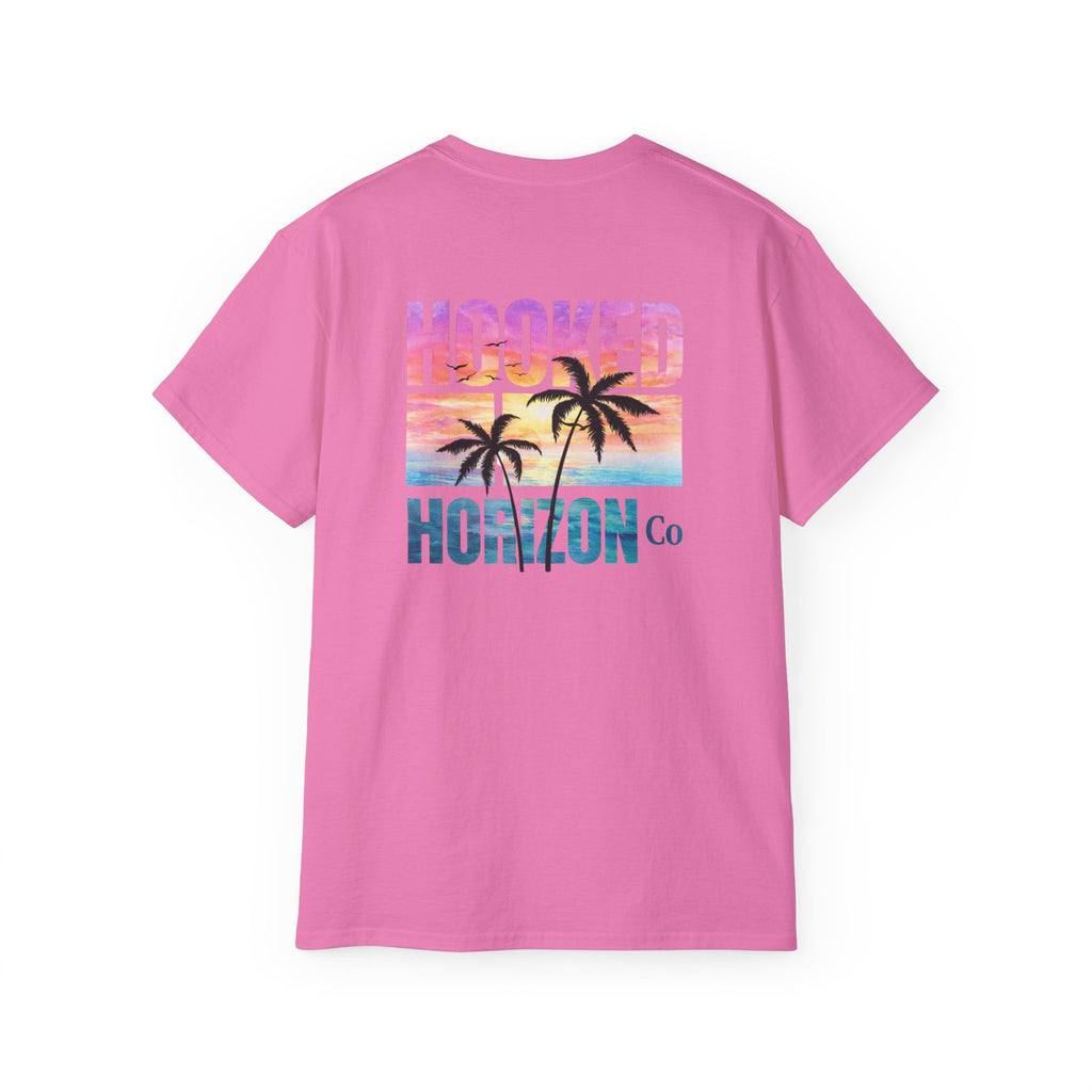 Sunset & Palm Tree T-Shirt — "Hooked" Boat & Horizon Graphic Tee, Multiple Color Variations