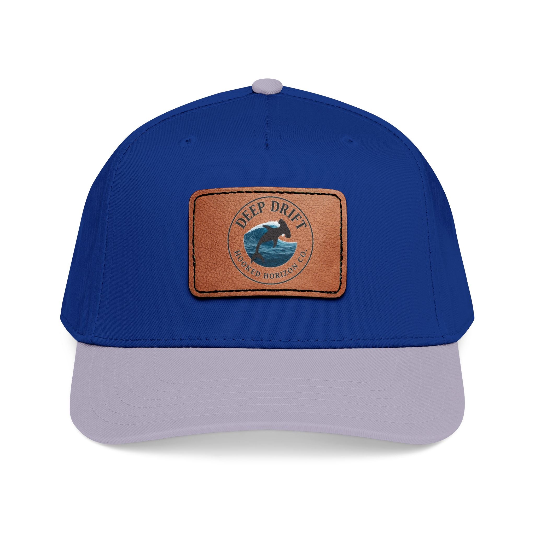 Deep Drift Leather Patch Baseball Cap — Hooked Horizon Co. Ocean Wave Logo, Multiple Color Variations