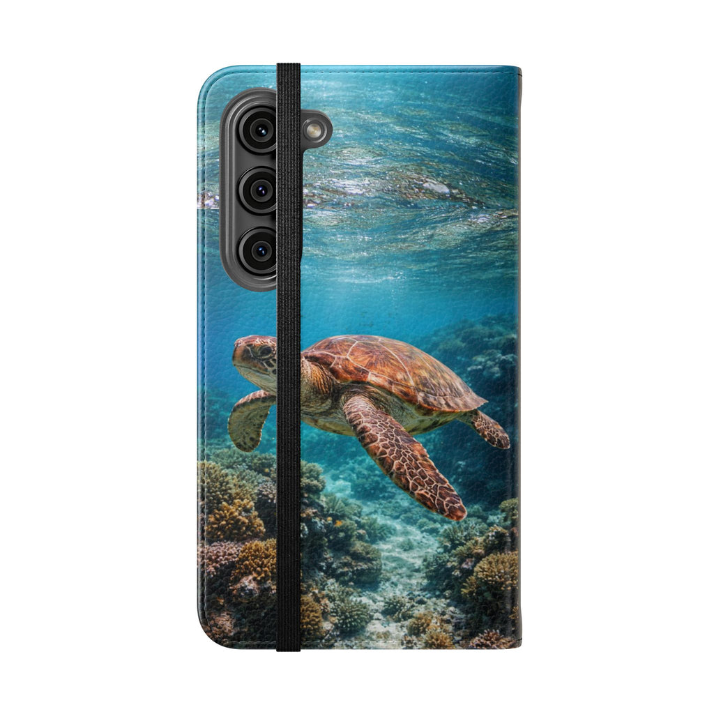 Turtle Hooked Horizon Co Flip Phone Case — Turquoise Water Pattern Wallet Cover
