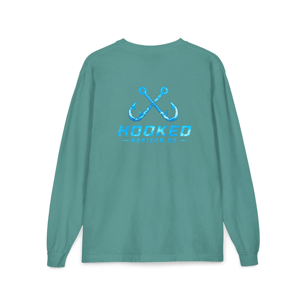 Bright Blue Hooked Horizon Co.  Classic Logo Unisex Long Sleeve Pocket T-Shirt