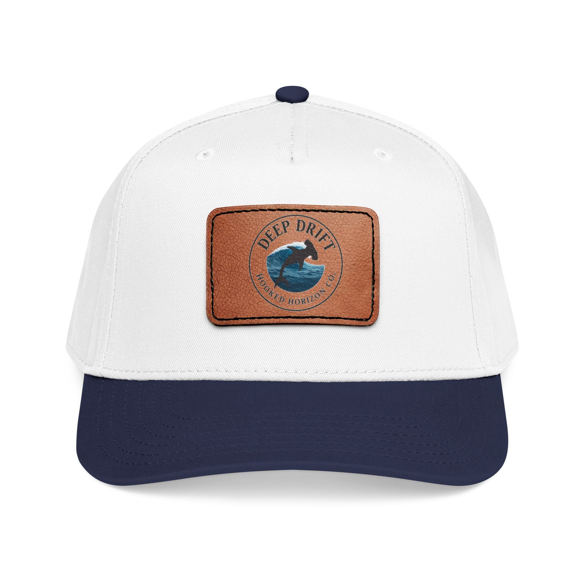 Deep Drift Leather Patch Baseball Cap — Hooked Horizon Co. Ocean Wave Logo, Multiple Color Variations