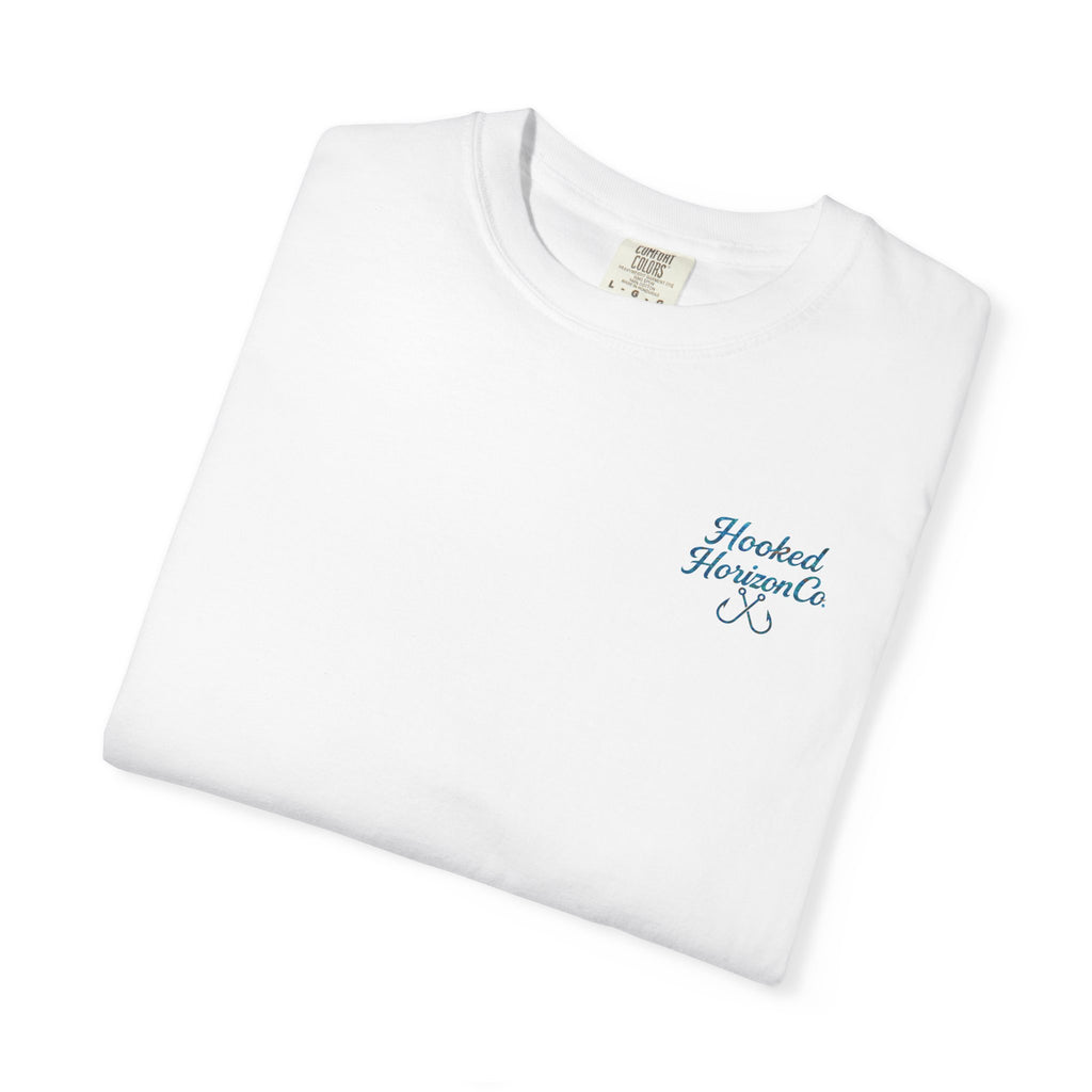 Mahi Mahi Hooked Horizon Co. — "Chasing Legends" Deep Drift Fishing Graphicishing Tee for Angler Lovers, Shark Lovers, Ocean Tee