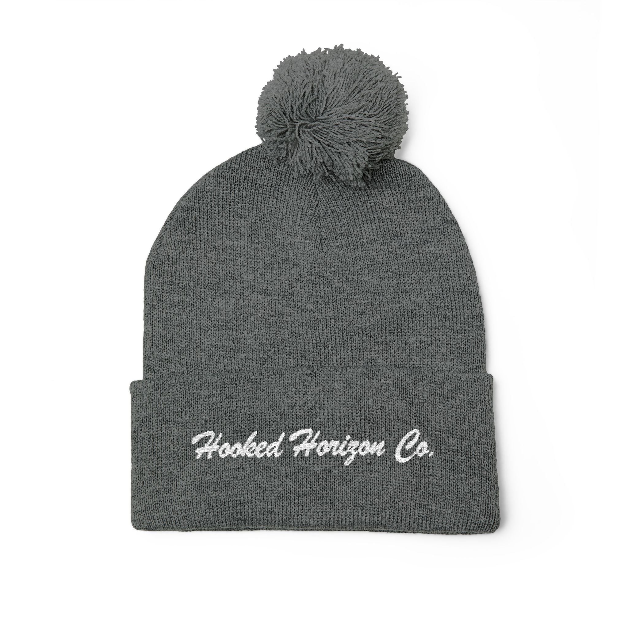 Hooked Horizon Co. Embroidered Pom-Pom Knit Cap — Cozy Grey Beanie with Multiple Color Variations