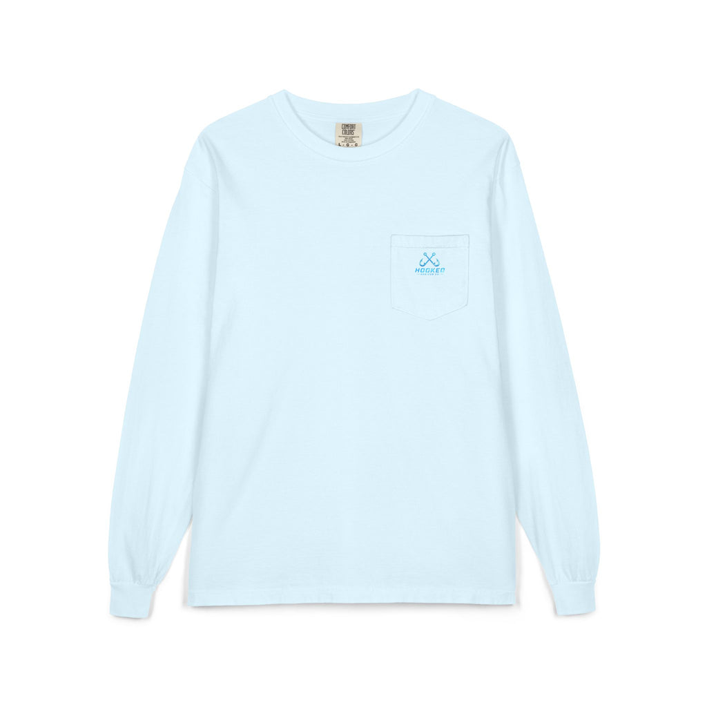 Bright Blue Hooked Horizon Co.  Classic Logo Unisex Long Sleeve Pocket T-Shirt
