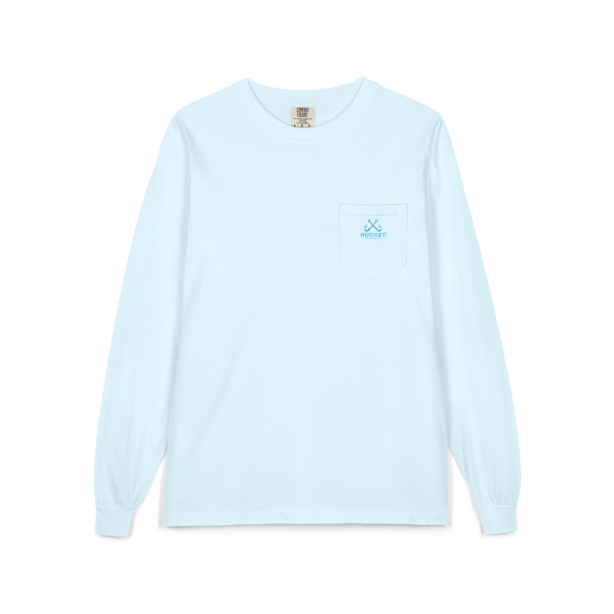 Bright Blue Hooked Horizon Co.  Classic Logo Unisex Long Sleeve Pocket T-Shirt