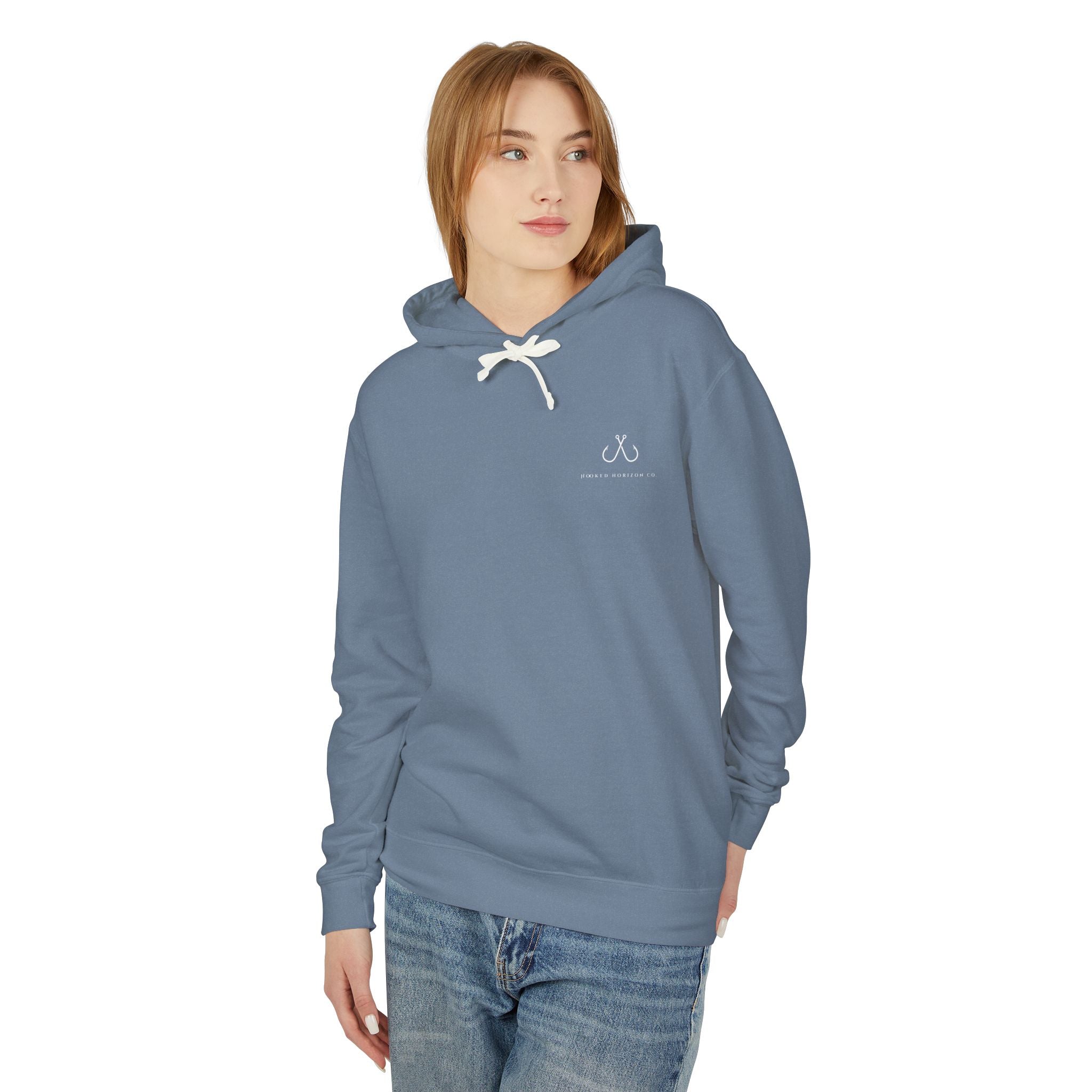 Orange Hooked Horizon Co Unisex Lightweight Hoodie with Deep Drift Design | Perfect for Fishermen, Beach Lovers, Casual Outings, Gift for Him/Her, Nautical Style,  Ocean Lover Gifts