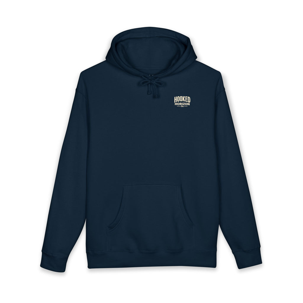Dog & Sunset Hoodie Hooked Horizon Co. — Minimal Fishing Back Graphic Hoodie, Multiple Color Variations