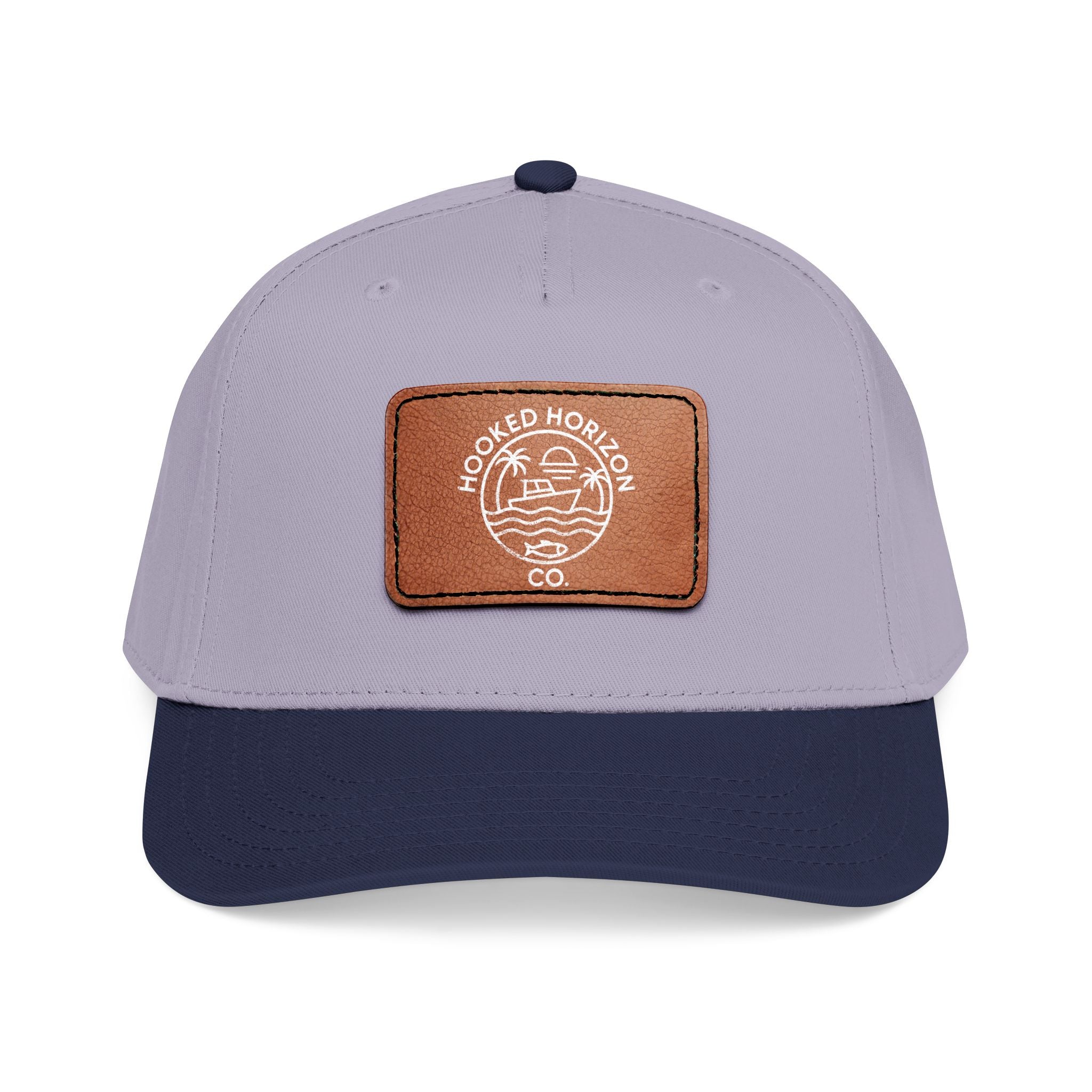 Hooked Horizon Co. 80s Inspired Logo–Leather Patch Baseball Cap — Hooked Horizon Co. Fishing Boat, Multiple Color Variations