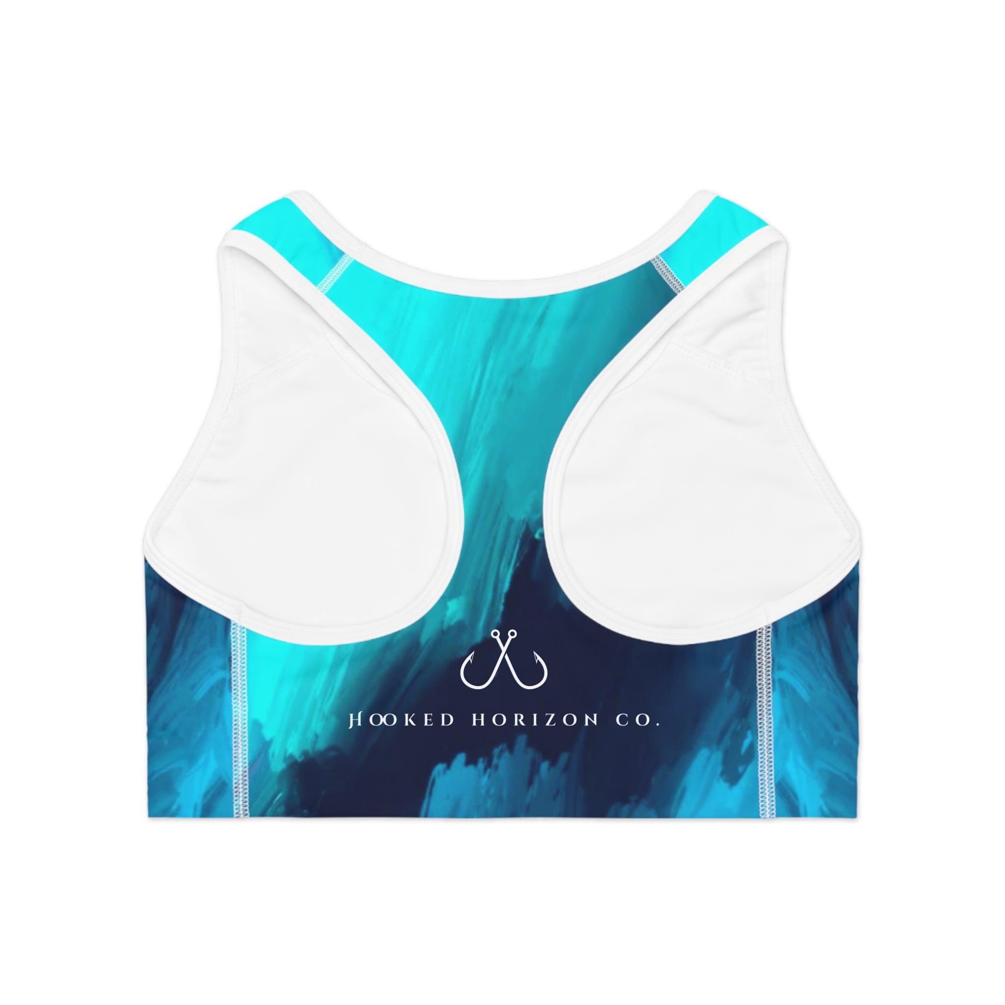 Teal & Pink Abstract Wave Sports Bra — Hooked Horizon Co. Racerbacck Activewear, Comfortable Activewear, Fitness Pants, Ideal for Gym, Yoga, and Weekend Brunch