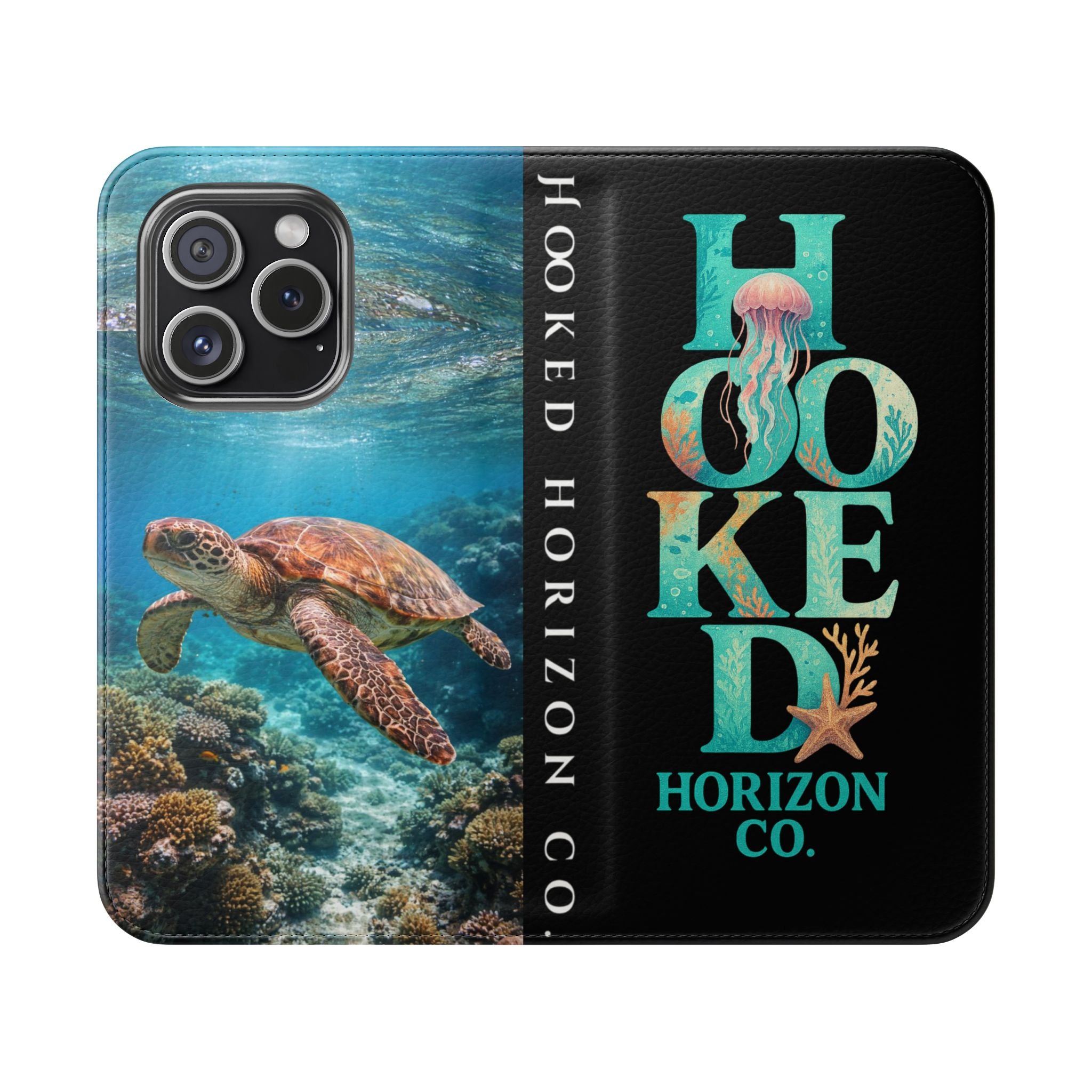 Turtle Hooked Horizon Co Flip Phone Case — Turquoise Water Pattern Wallet Cover