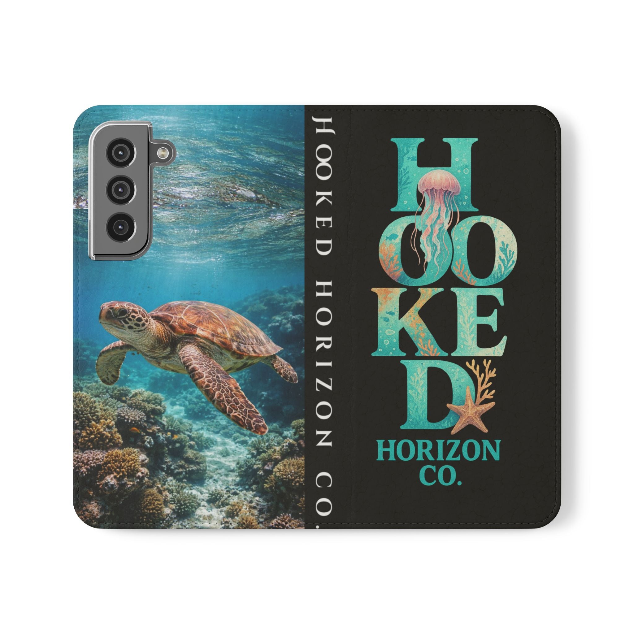 Turtle Hooked Horizon Co Flip Phone Case — Turquoise Water Pattern Wallet Cover