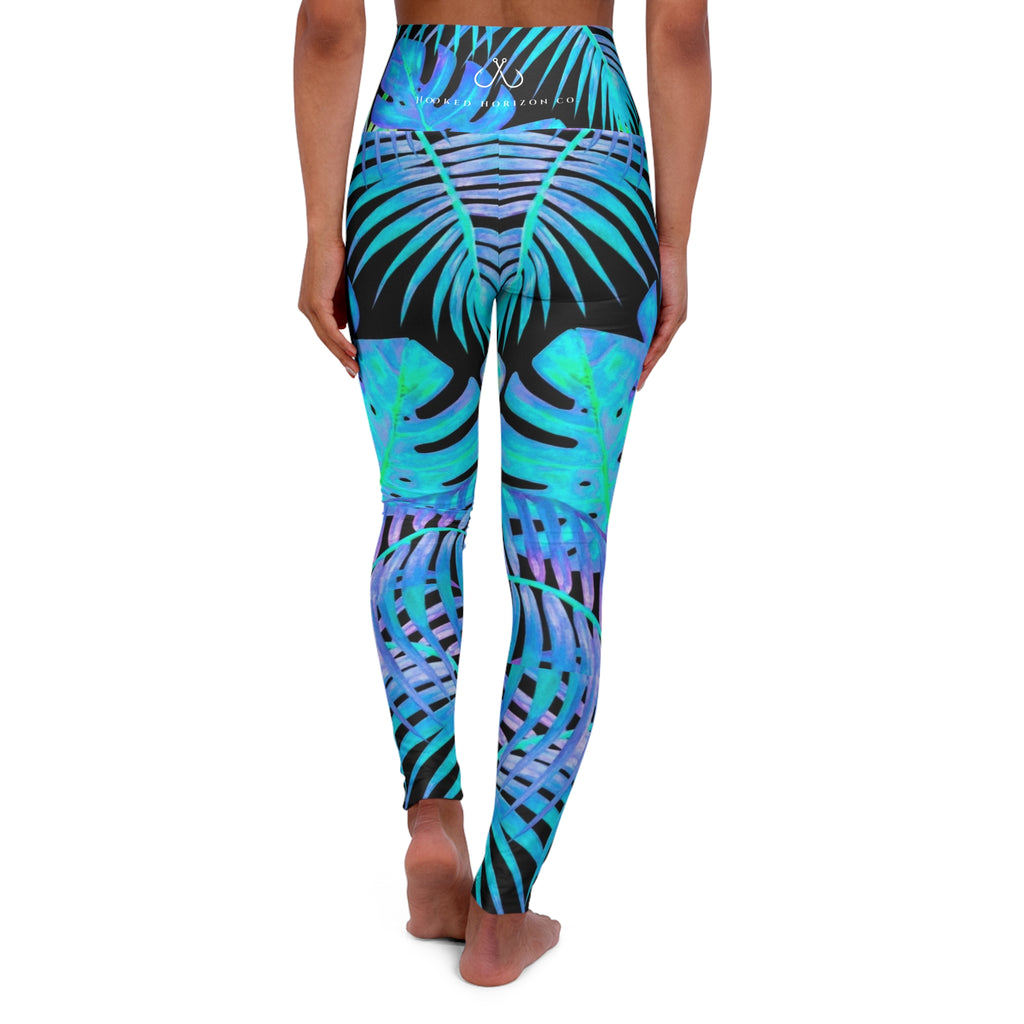 Tropical Blue Feather High-Waisted Yoga Leggings — Hooked Horizon Co. Comfortable Activewear, Fitness Pants, Ideal for Gym, Yoga, and Weekend Brunch
