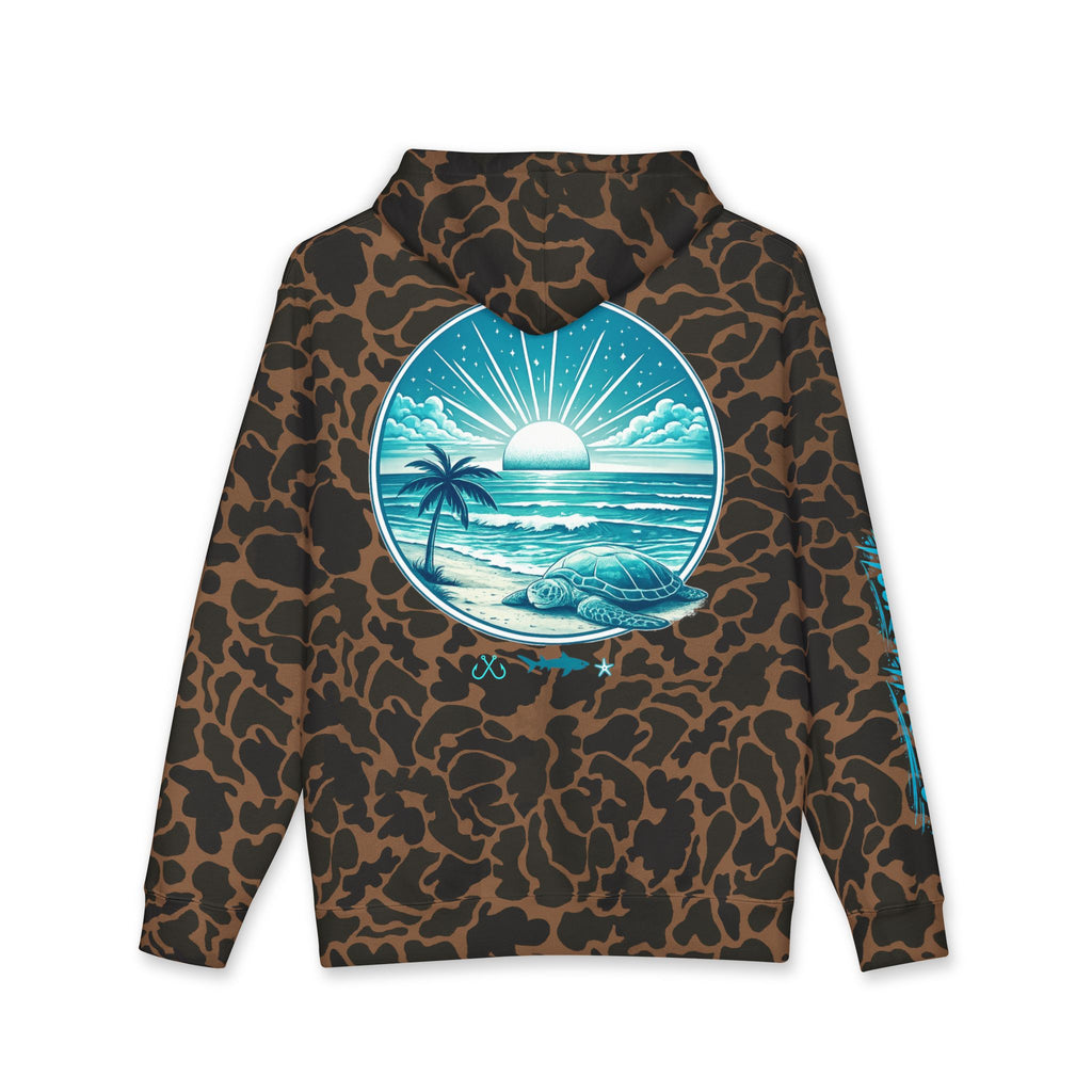 Sea Turtle & Sunset Hoodie Hooked Horizon Co. — Minimal Fishing Back Graphic Hoodie, Multiple Color Variations