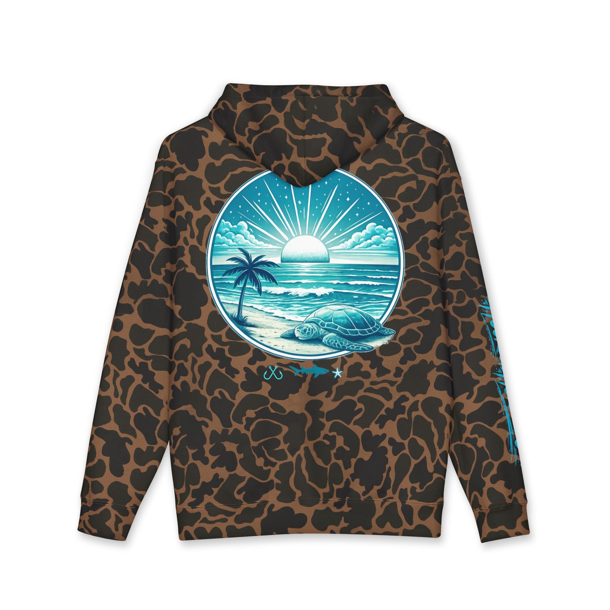 Sea Turtle & Sunset Hoodie Hooked Horizon Co. — Minimal Fishing Back Graphic Hoodie, Multiple Color Variations