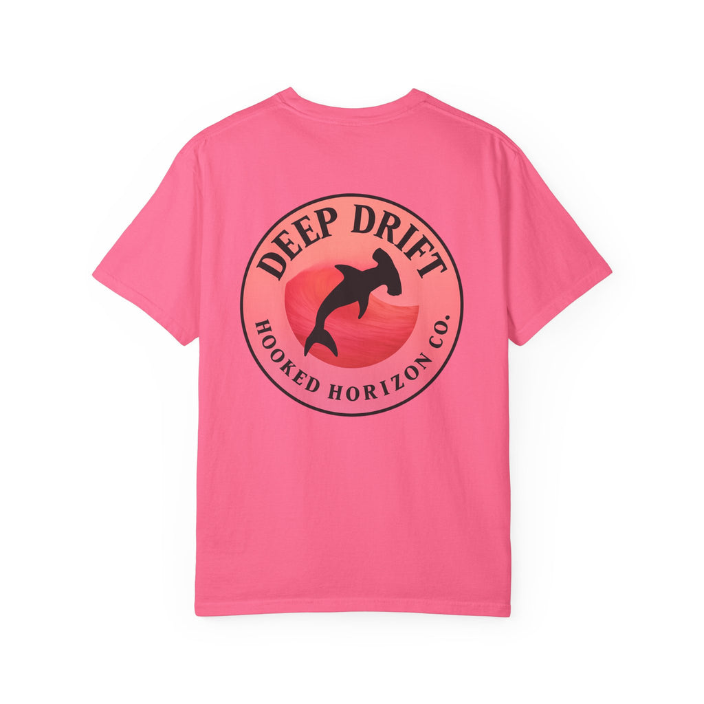 Deep Drift Fishing T-Shirt - Pink & Peach Fishing Tee for Angler Lovers, Pink Ombre, Hammer Head Shark Tee, Ocean-inspired