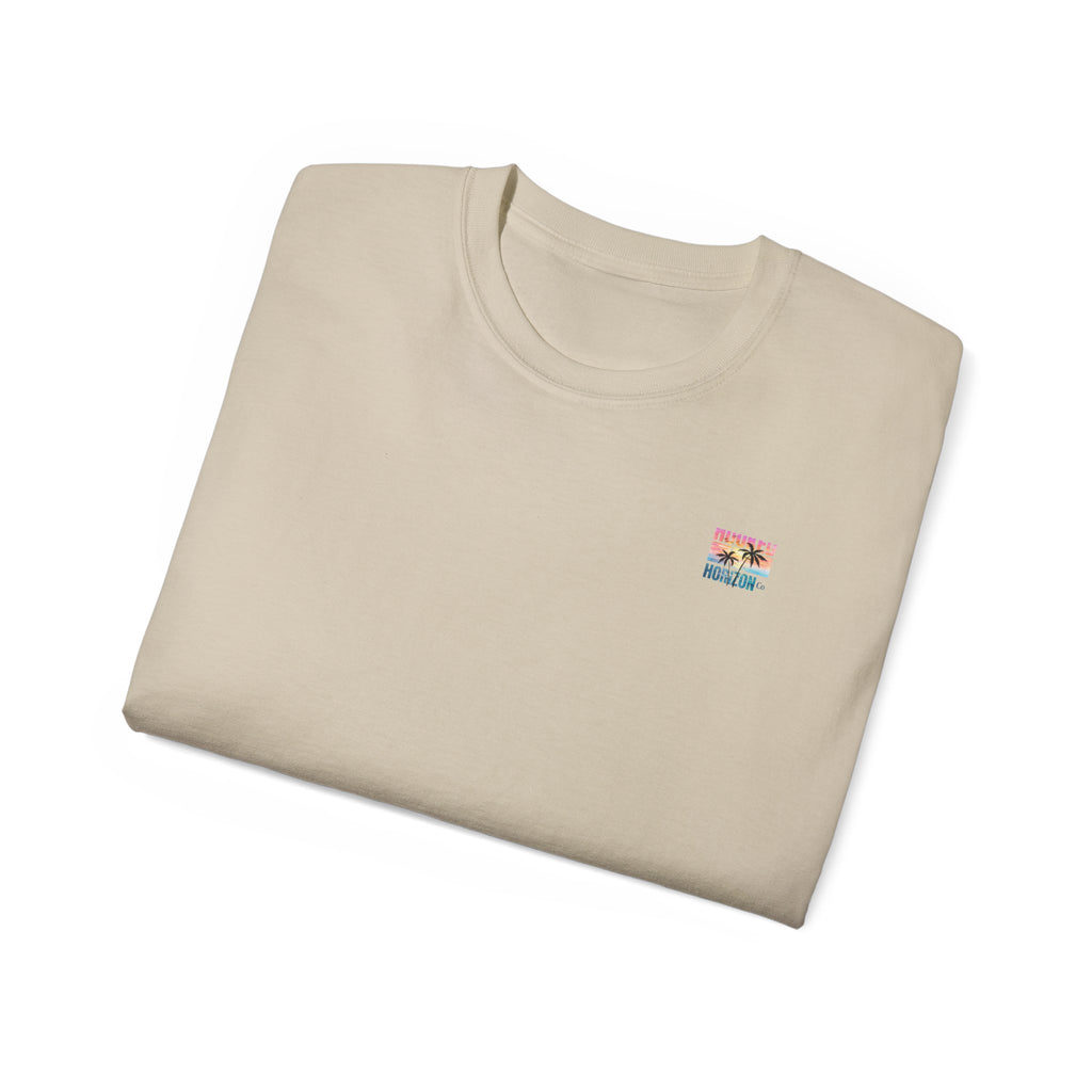 Sunset & Palm Tree T-Shirt — "Hooked" Boat & Horizon Graphic Tee, Multiple Color Variations
