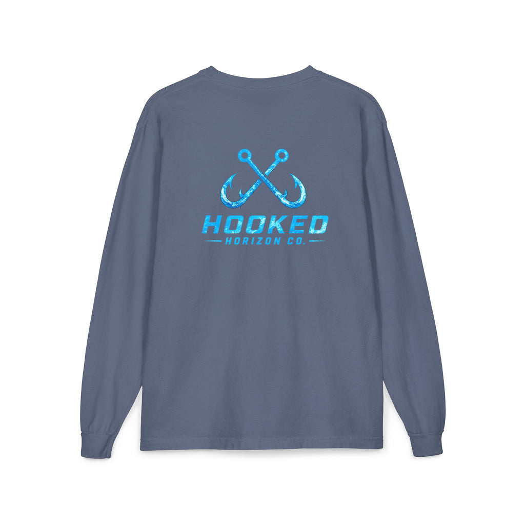 Bright Blue Hooked Horizon Co.  Classic Logo Unisex Long Sleeve Pocket T-Shirt