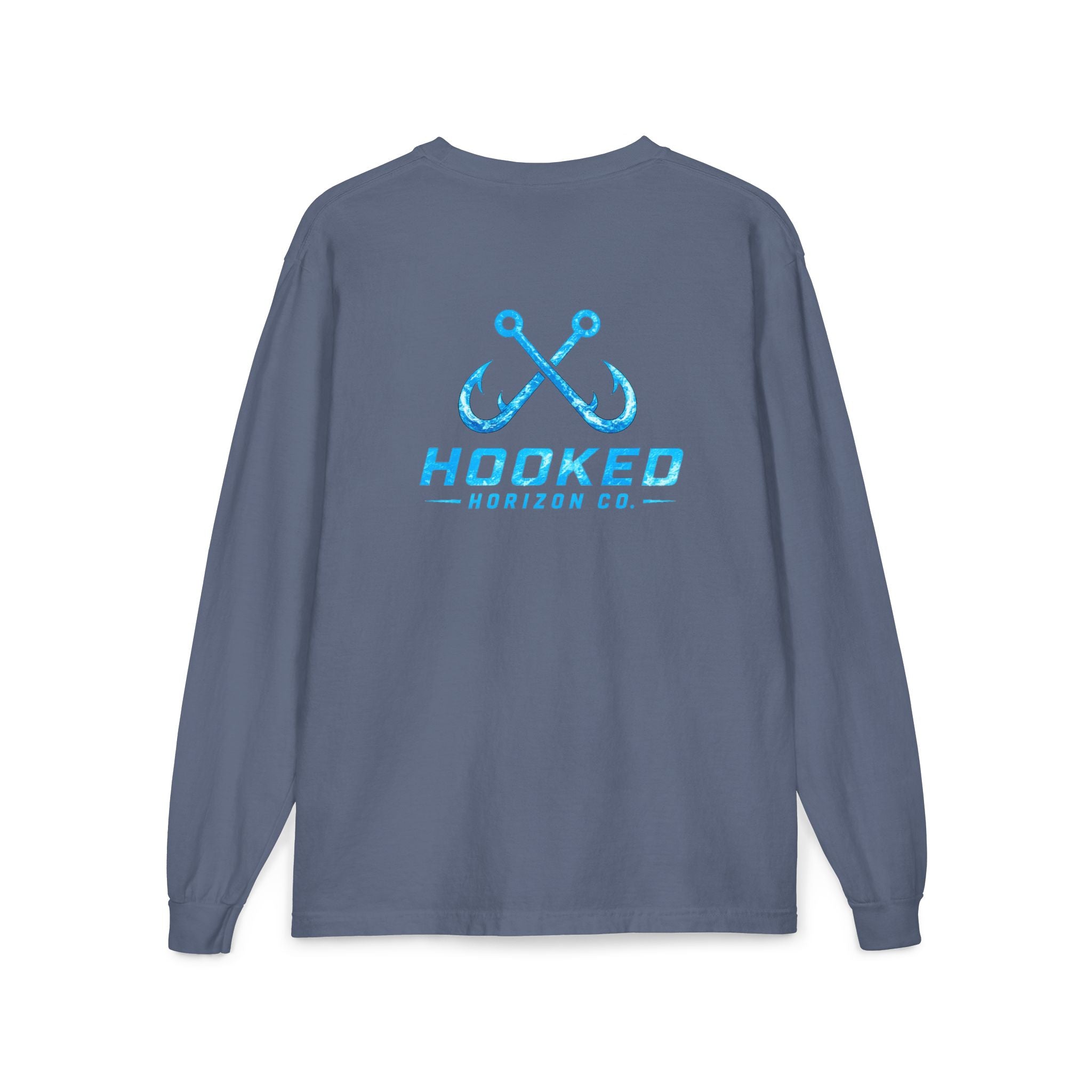 Bright Blue Hooked Horizon Co.  Classic Logo Unisex Long Sleeve Pocket T-Shirt