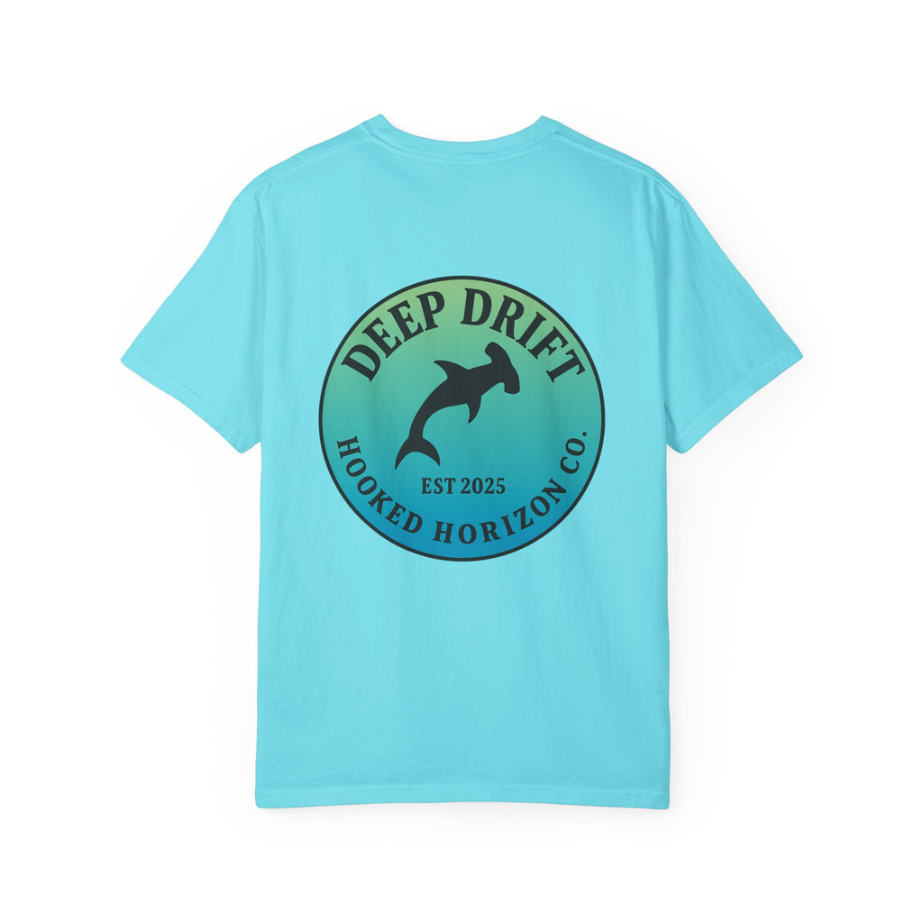 Deep Drift Fishing T-Shirt - Green & Blue Fishing Tee for Angler Lovers, Hammer Head Shark, Ocean Tee