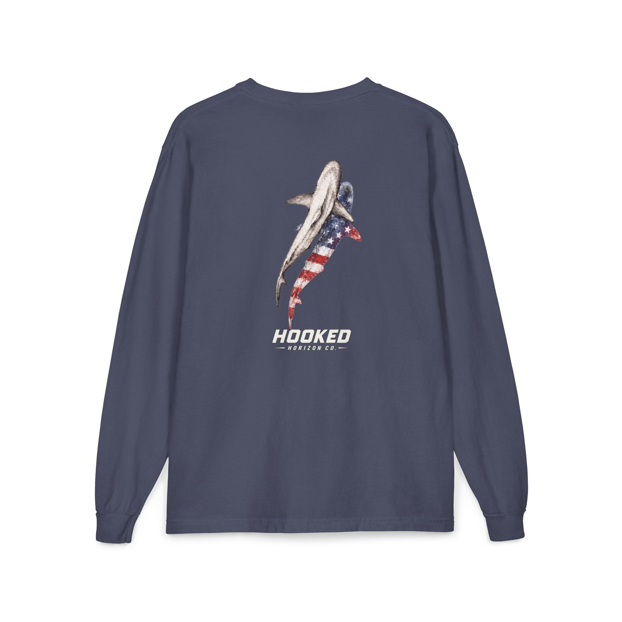 USA Shark Hooked Horizon Co.  Classic Logo Unisex Long Sleeve Pocket T-Shirt
