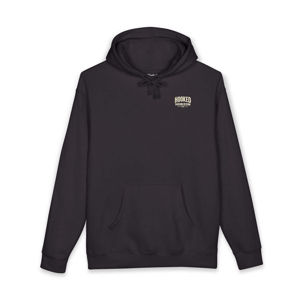 Dog & Sunset Hoodie Hooked Horizon Co. — Minimal Fishing Back Graphic Hoodie, Multiple Color Variations