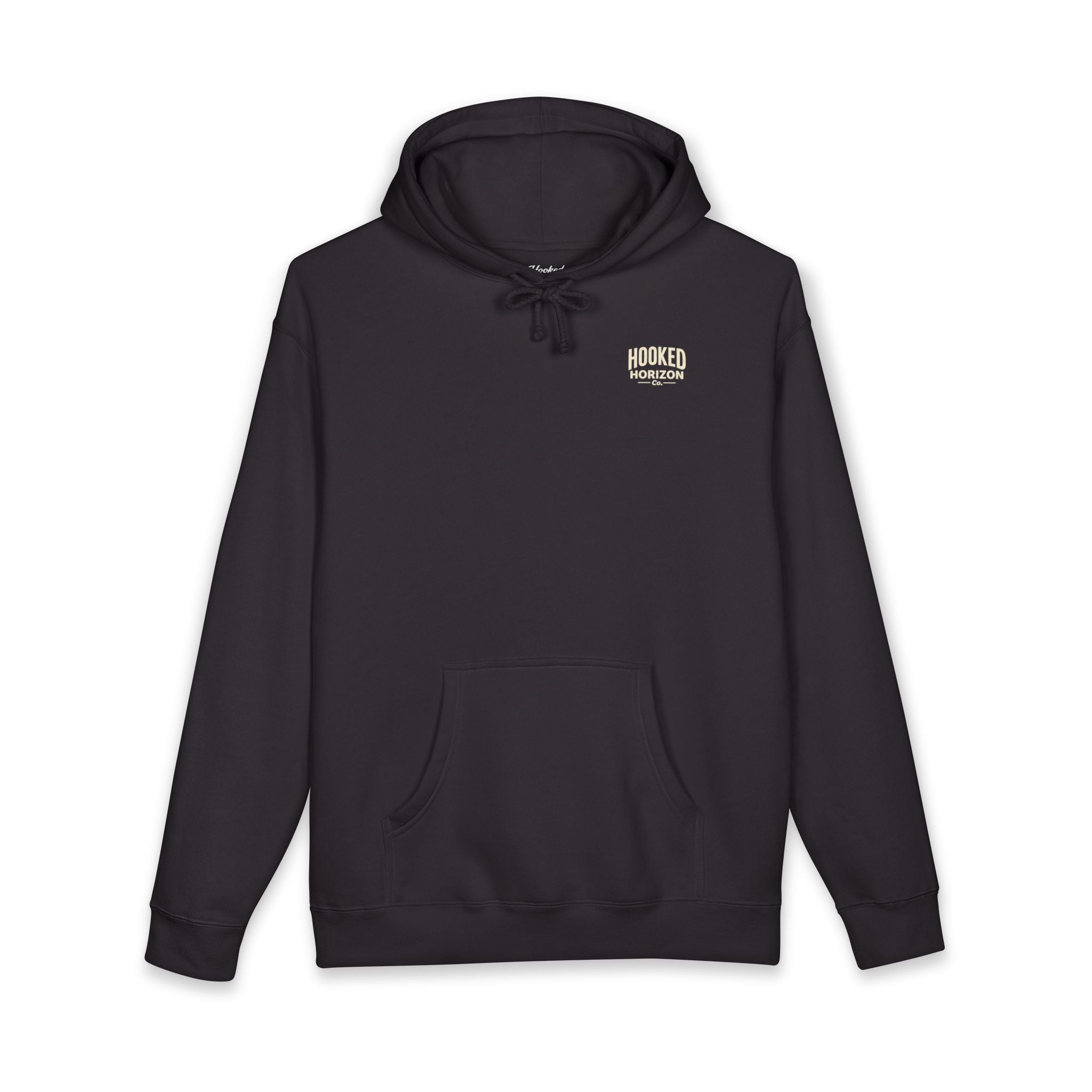 Dog & Sunset Hoodie Hooked Horizon Co. — Minimal Fishing Back Graphic Hoodie, Multiple Color Variations