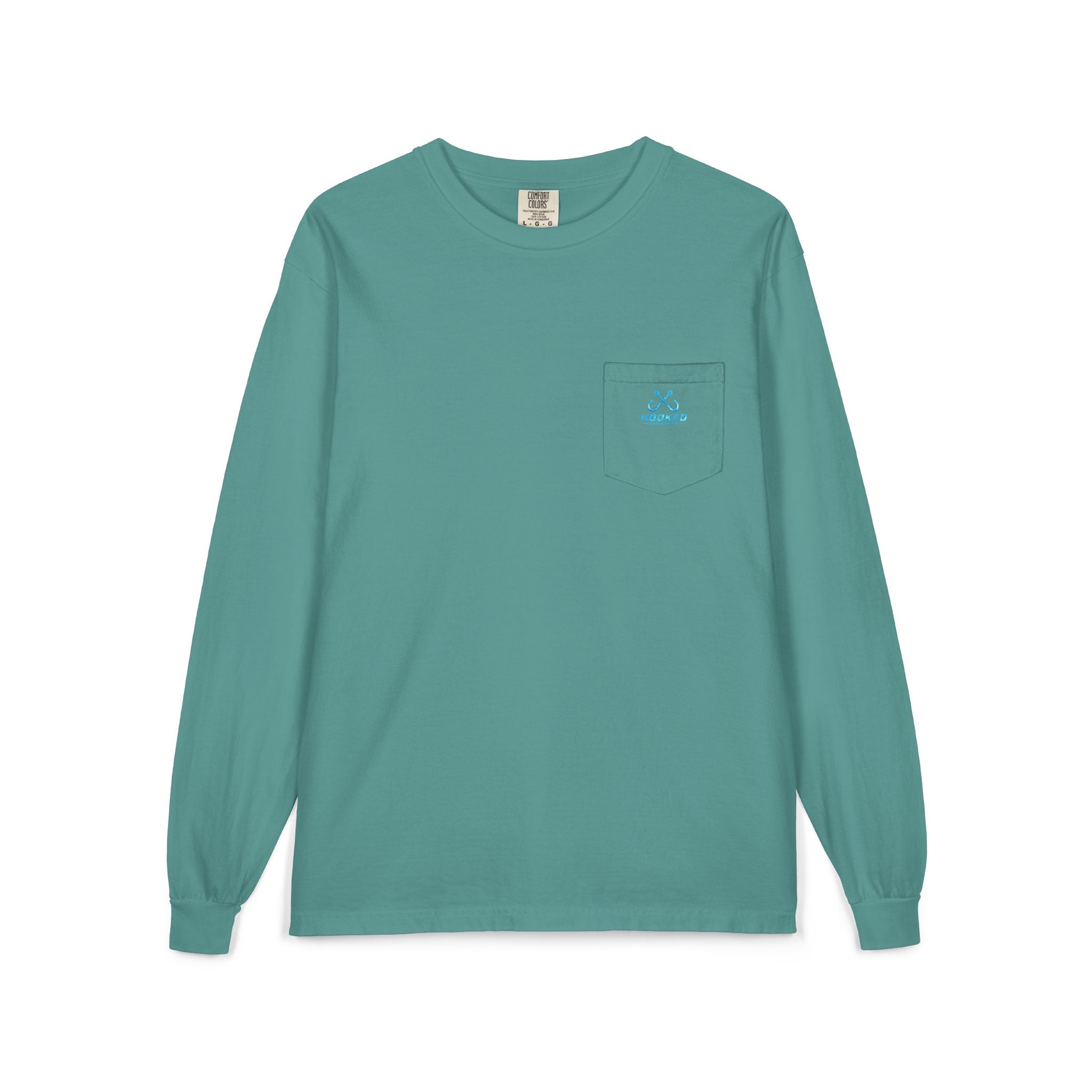 Bright Blue Hooked Horizon Co.  Classic Logo Unisex Long Sleeve Pocket T-Shirt