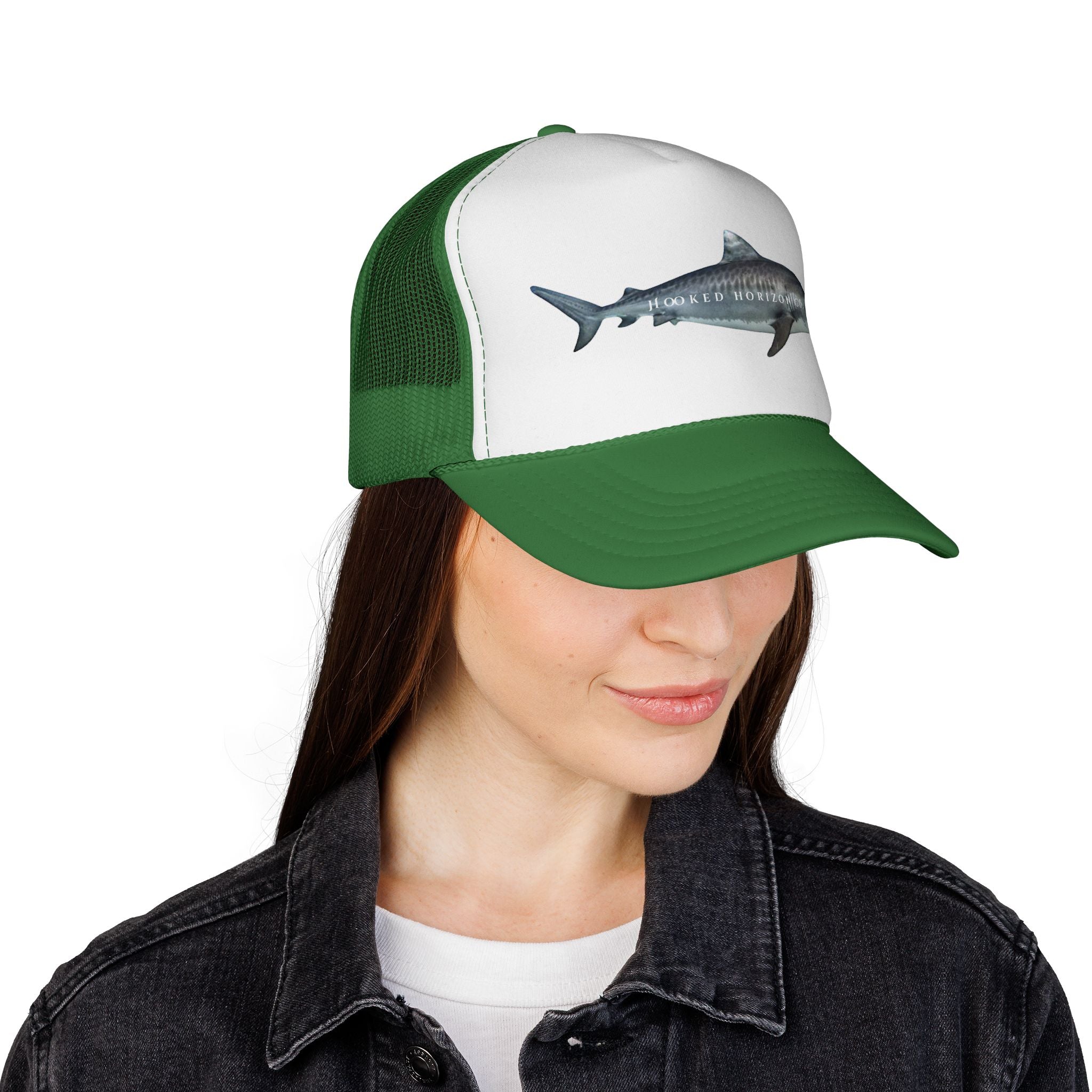 Tiger Shark Trucker Cap — 'Chasing Legends' Fishing Hooks Logo