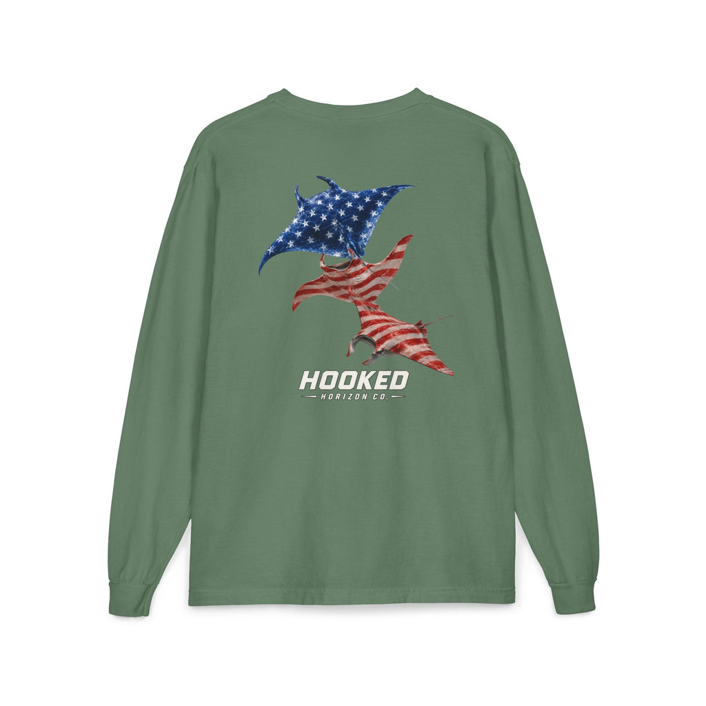 USA Manta Ray Hooked Horizon Co.  Classic Logo Unisex Long Sleeve Pocket T-Shirt