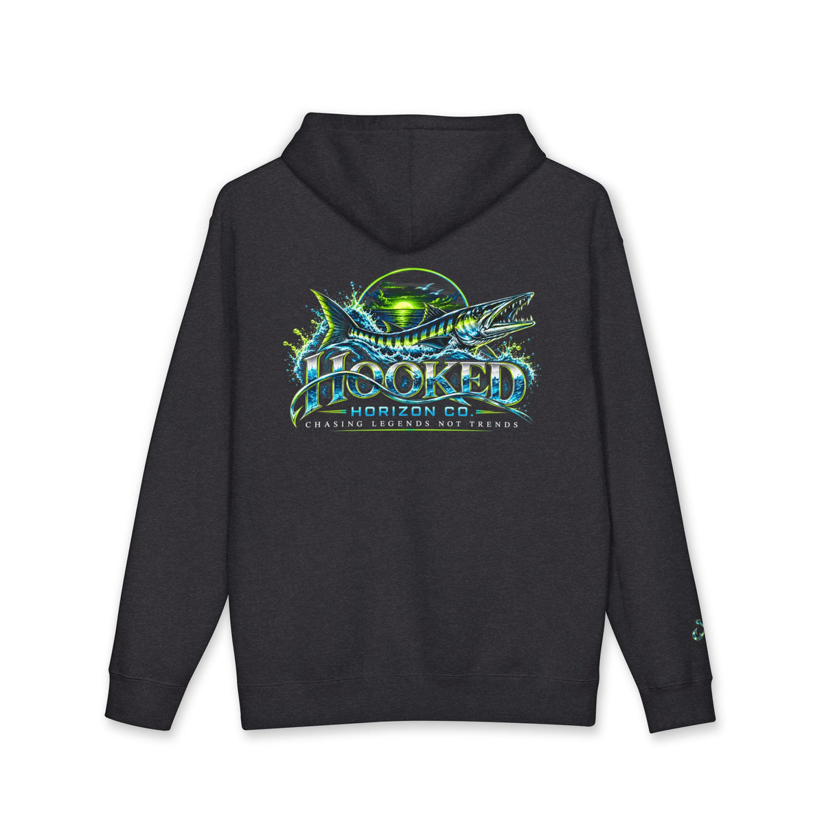 Barracuda Like Green Logo Hoodie—Hooked Horizon Co. — Fishing Back Graphic Hoodie, Multiple Color Variations