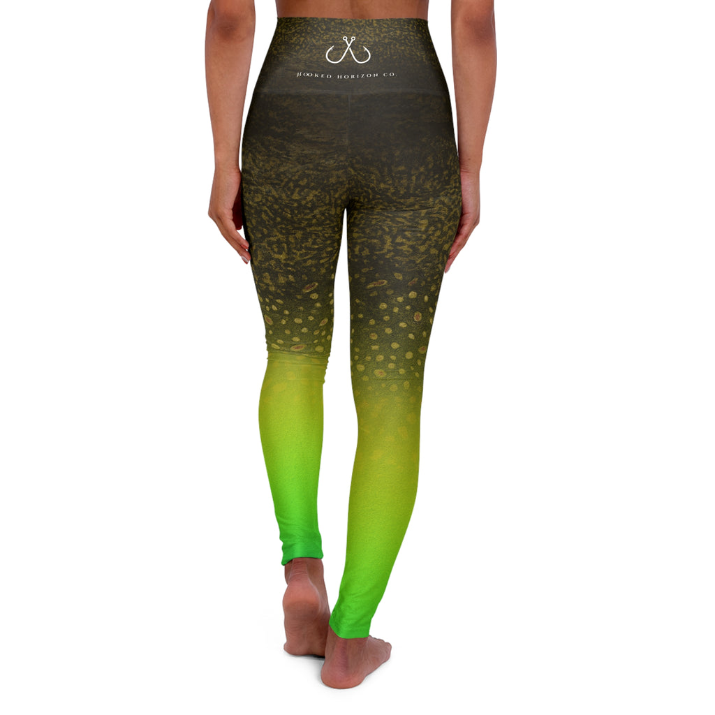 Green Gradient Neon Spotted Fishing High Waisted Yoga Leggings, Hooked Horizon Co,  Deep Drift- Purple, Comfortable Activewear, Fitness Pants, Ideal for Gym, Yoga, and Weekend Brunch