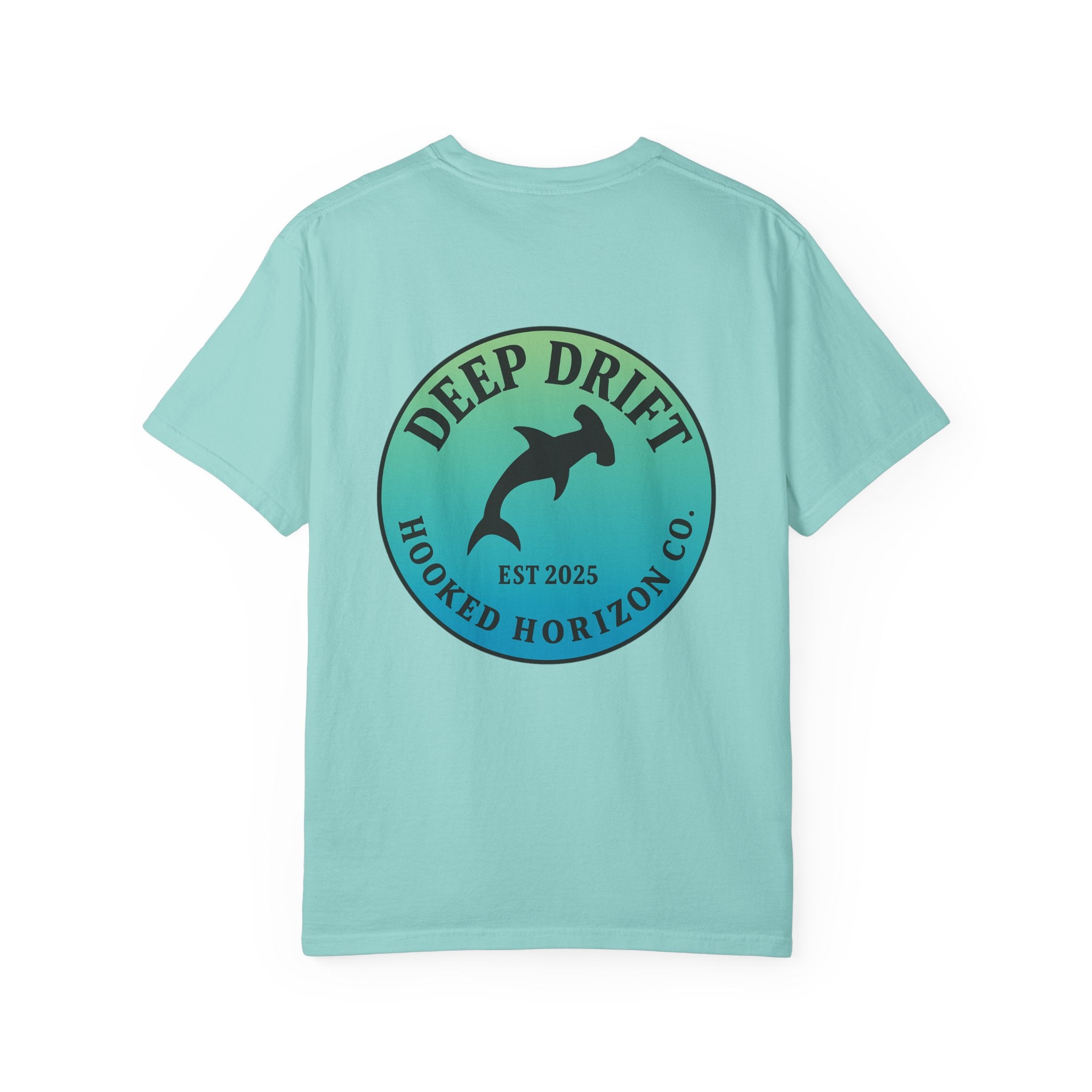 Deep Drift Fishing T-Shirt - Green & Blue Fishing Tee for Angler Lovers, Hammer Head Shark, Ocean Tee
