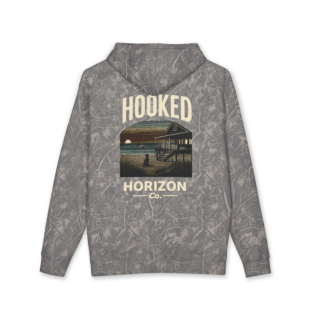 Dog & Sunset Hoodie Hooked Horizon Co. — Minimal Fishing Back Graphic Hoodie, Multiple Color Variations