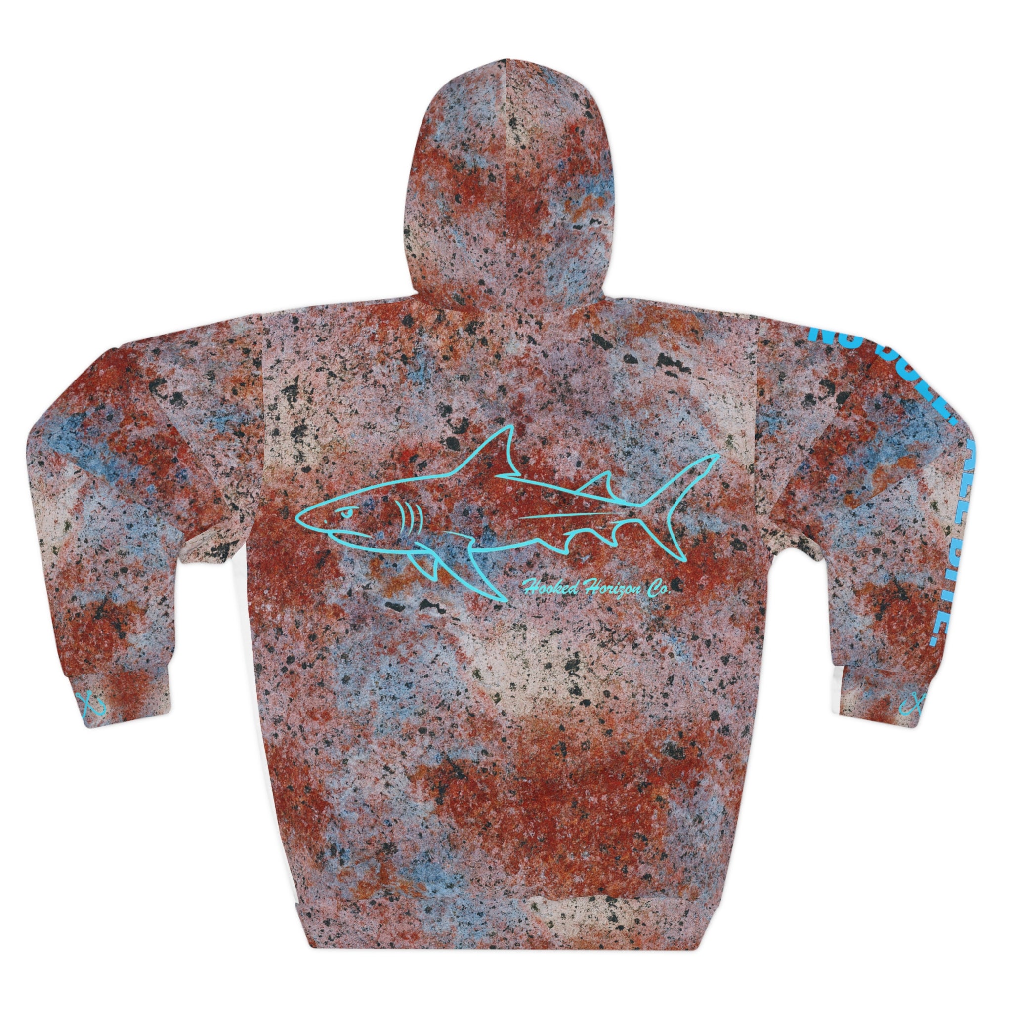 Rock Fish & Sand Inspired Pattern With Shark No Bull. All Bite Fishing Hoodie — Deep Drift Fishing,  Hooked Horizon Co. Angler Salt Water Pullover