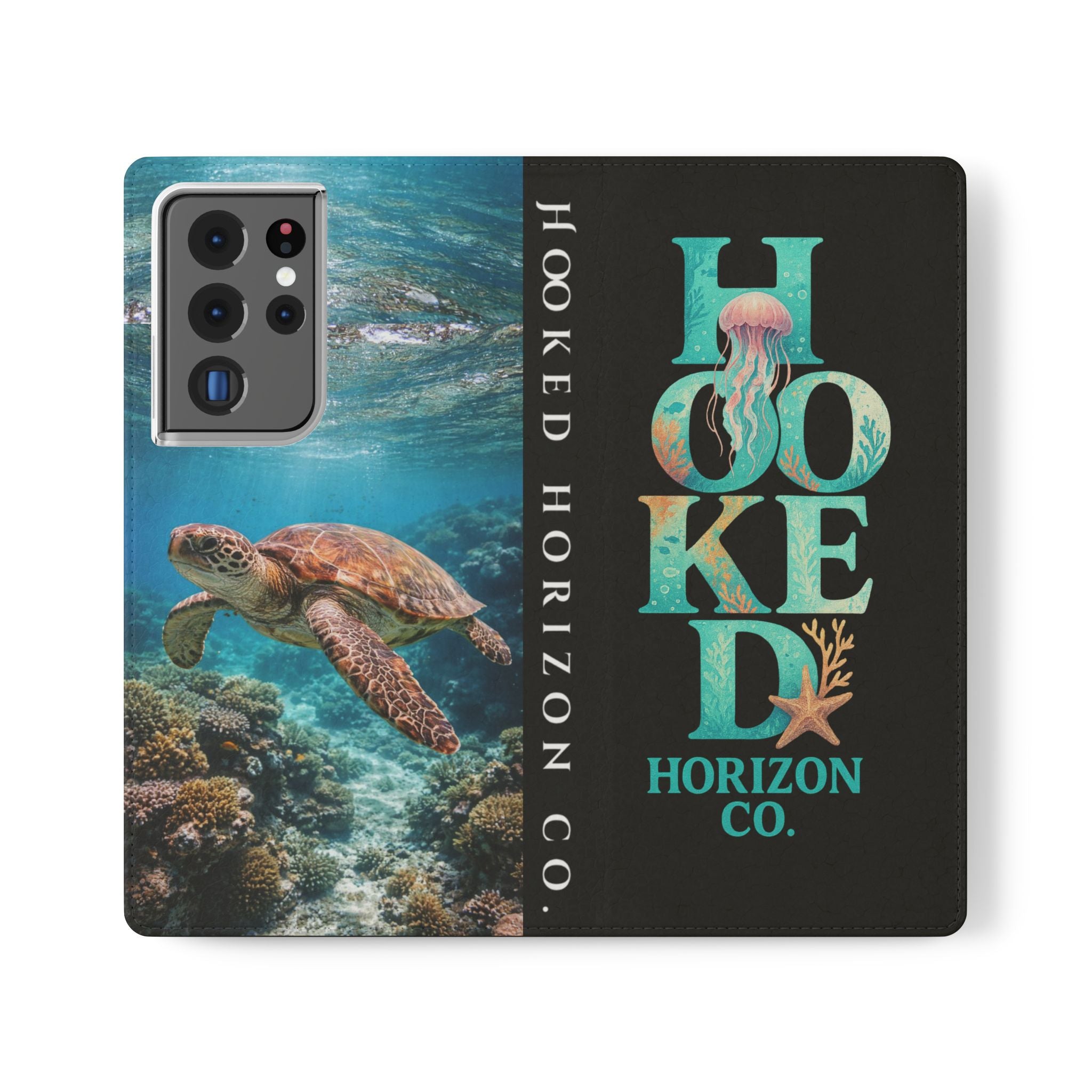 Turtle Hooked Horizon Co Flip Phone Case — Turquoise Water Pattern Wallet Cover