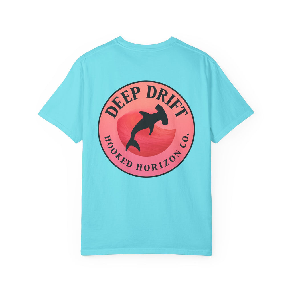 Deep Drift Fishing T-Shirt - Pink & Peach Fishing Tee for Angler Lovers, Pink Ombre, Hammer Head Shark Tee, Ocean-inspired