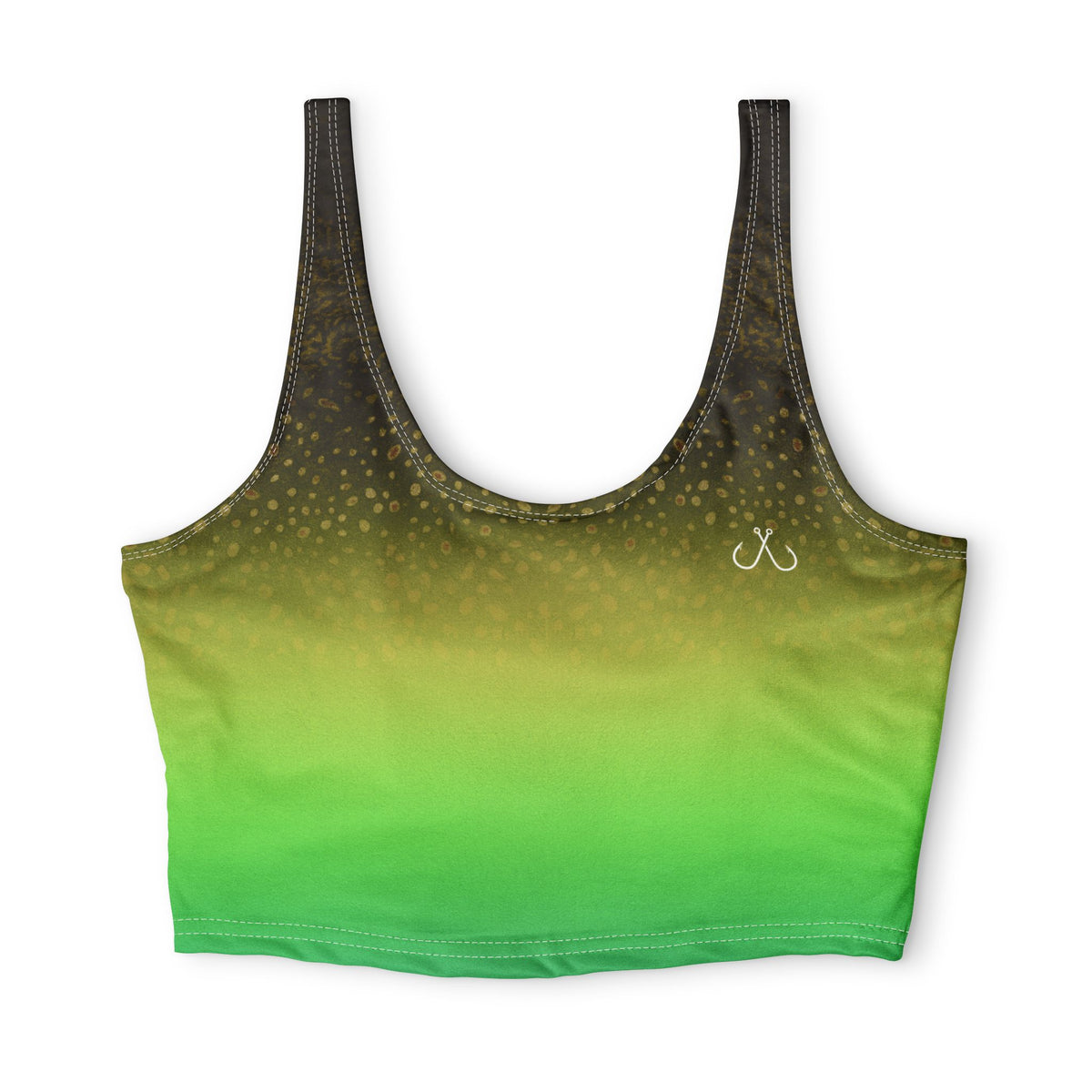 Green Gradient Spotted Fishing Sports Bra– Hooked Horizon Co. Stylish Sports Bra for Active Women, Workout Top, Gym Essential, Fitness Apparel, Athleisure Wear, Yoga Gear